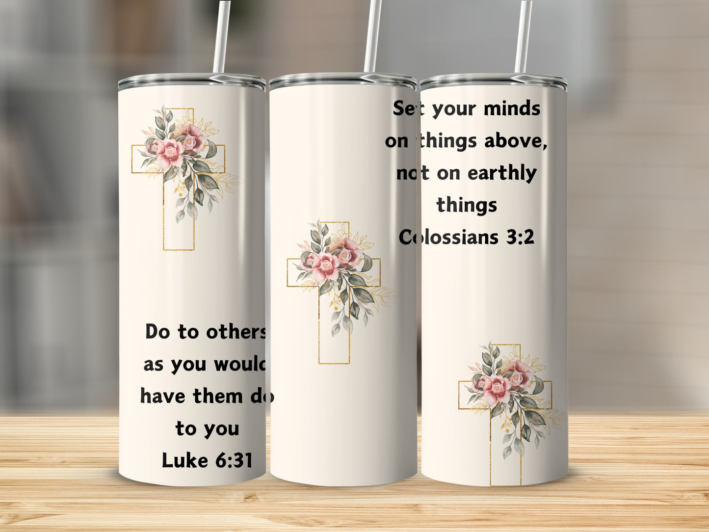 Christian Motivational Scripture Tumbler with Floral Cross