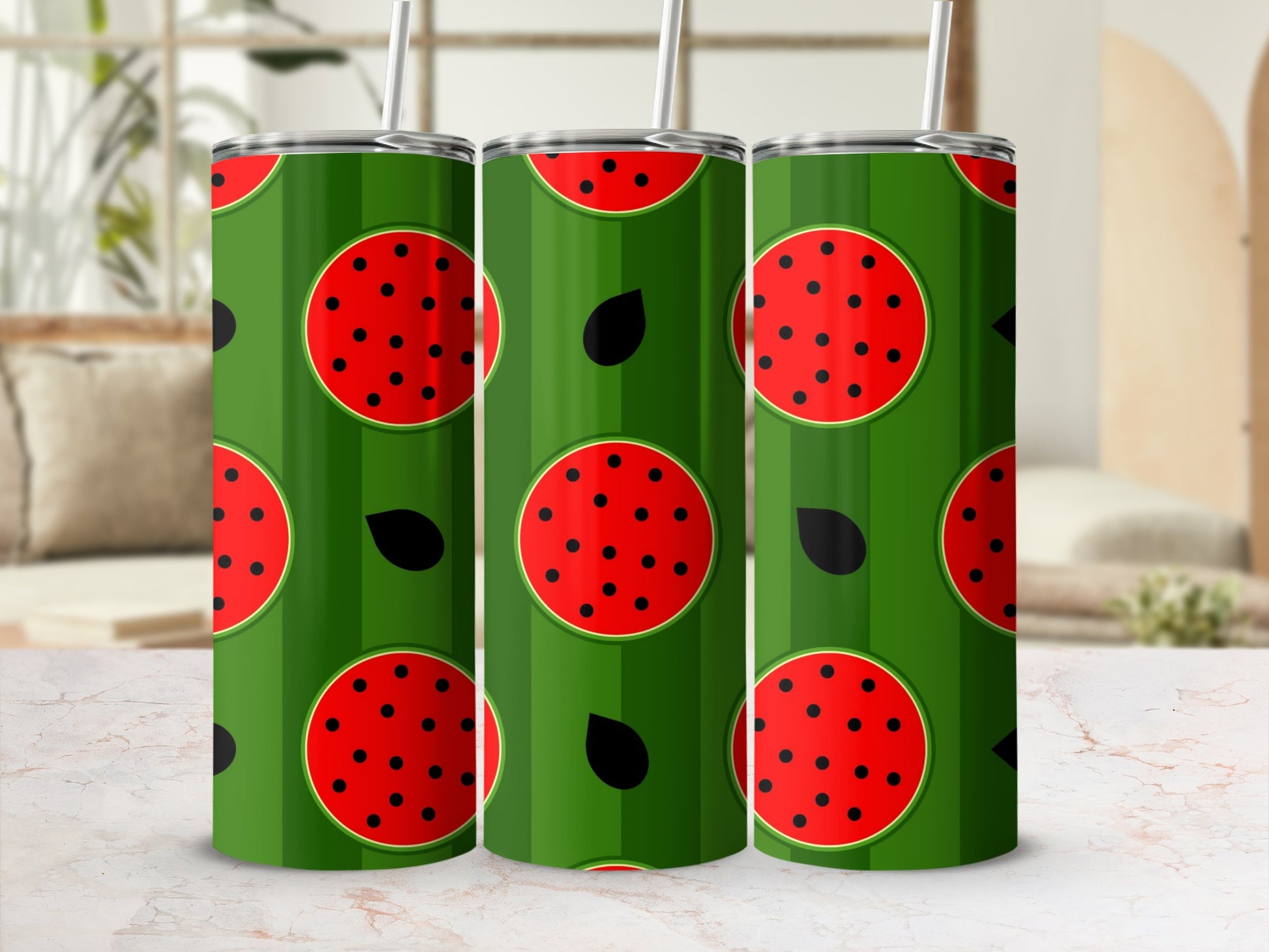 Green tumbler with repeating watermelon slices and black seeds pattern.