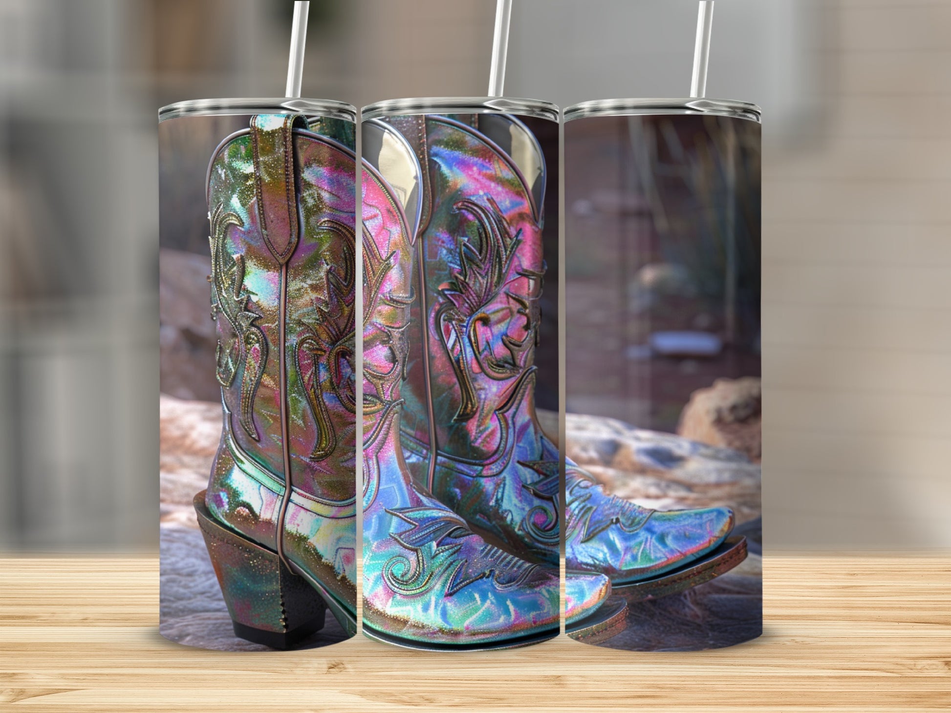 Iridescent cowboy boots with colorful swirls and ornate stitching.