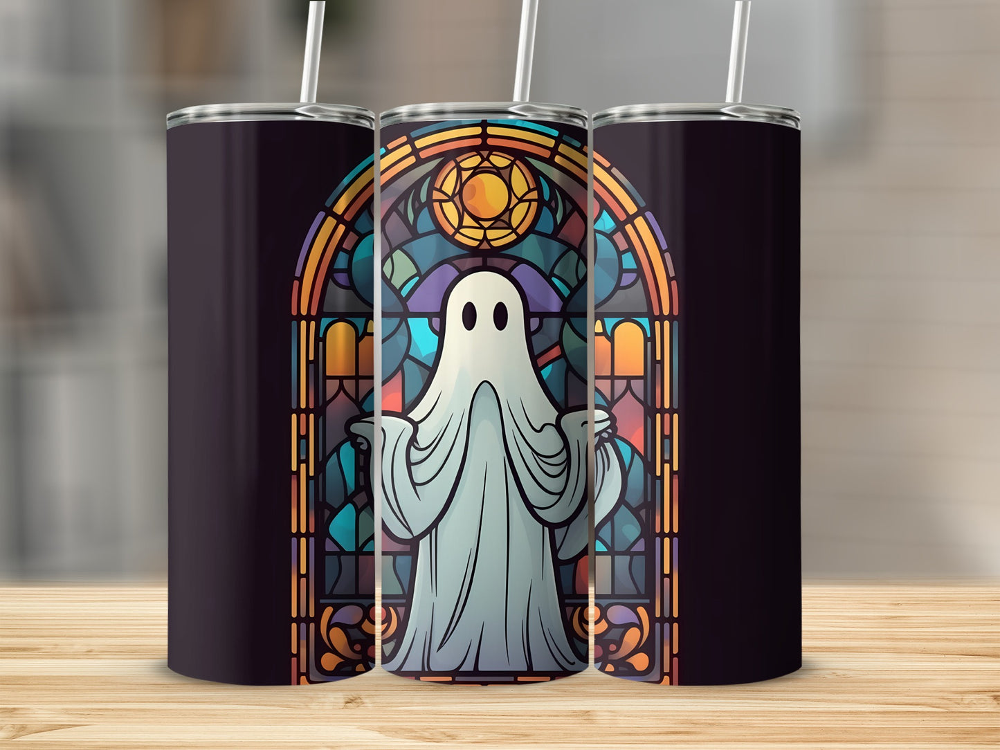 Ghost in stained glass pattern on a dark tumbler with straw.