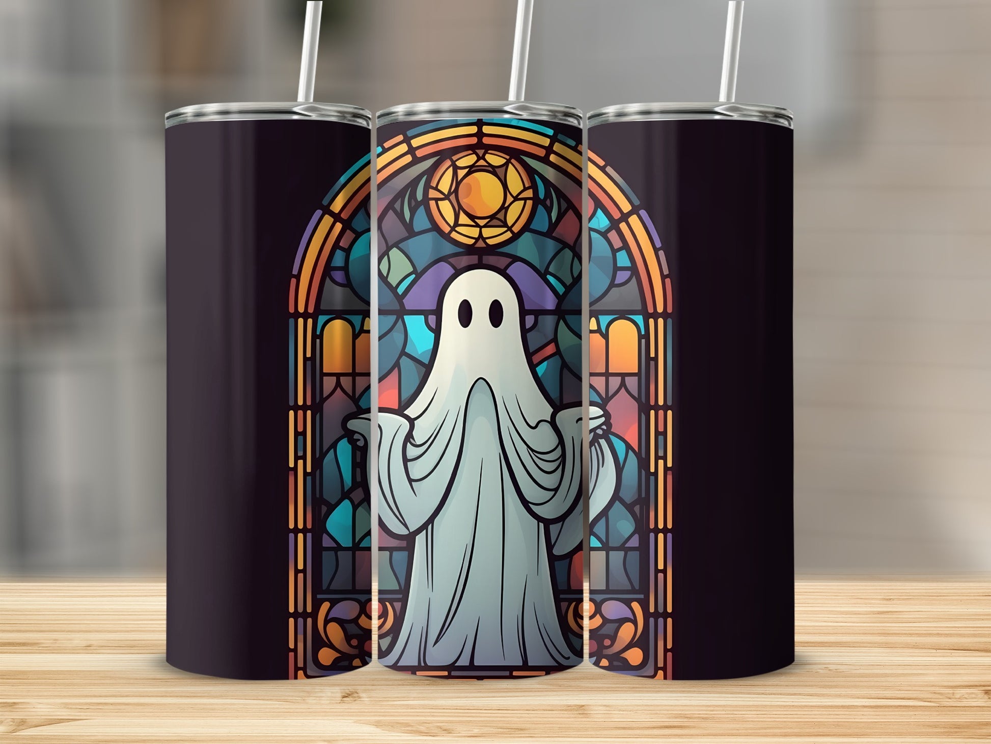 Ghost in stained glass pattern on a dark tumbler with straw.