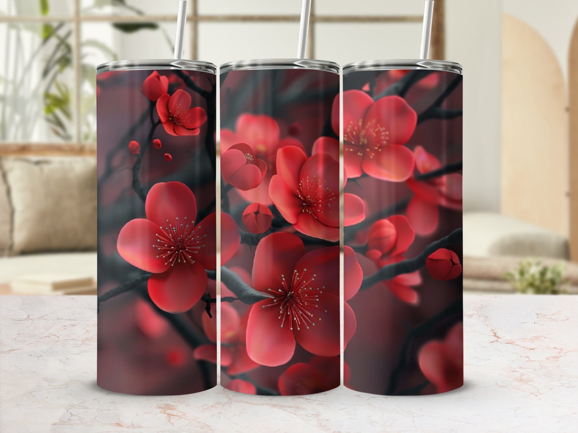 Three tumblers with a dark red cherry blossom floral design.