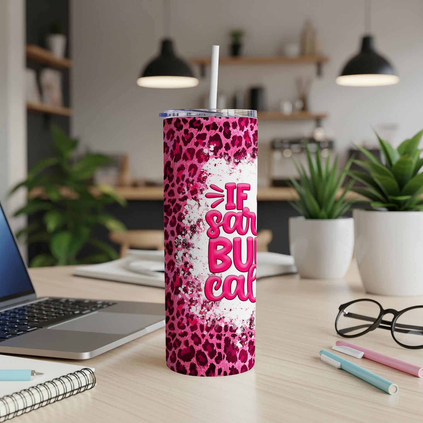 Pink leopard print tumbler with "If you can read this, bring me some cat" text.