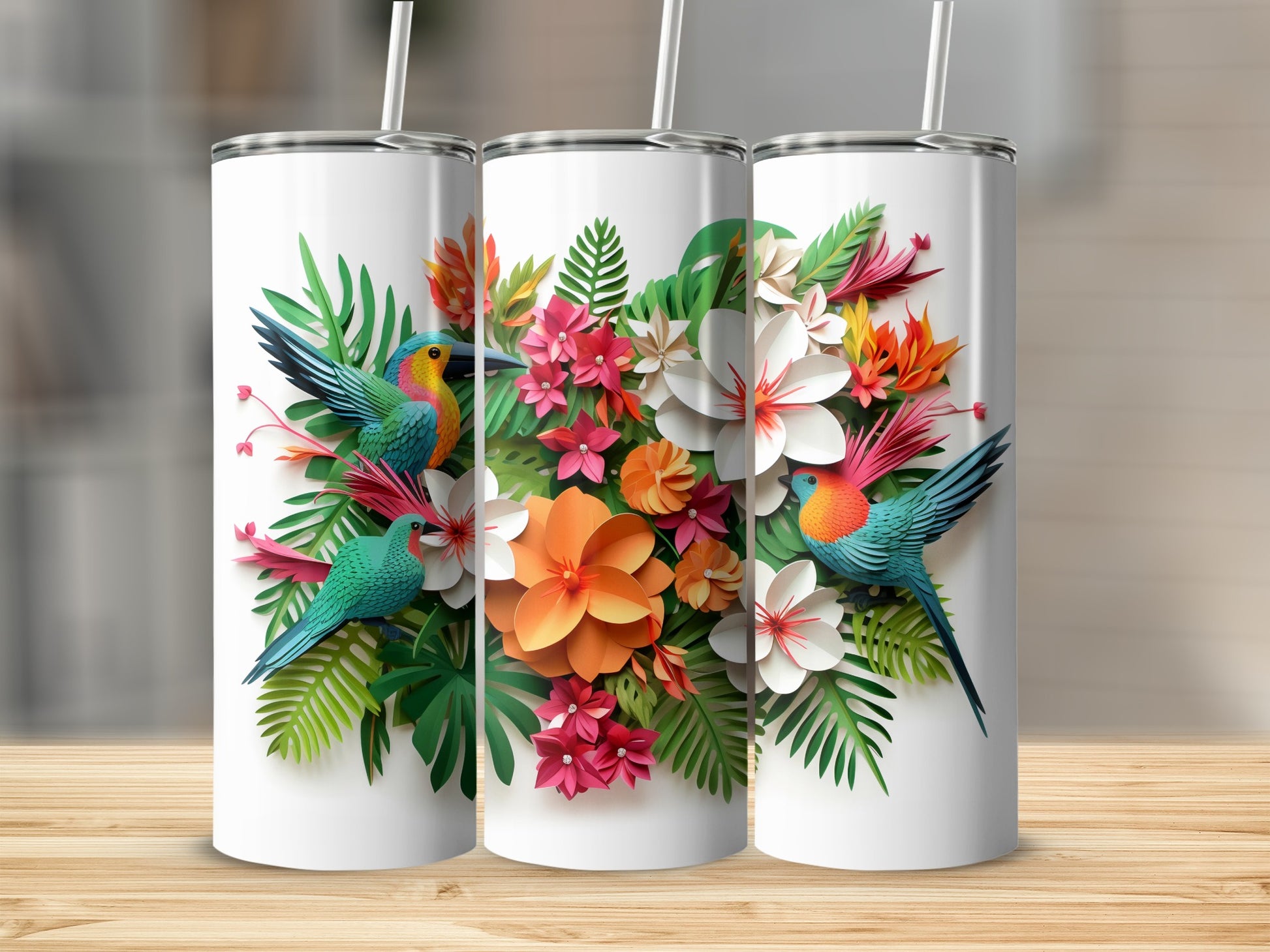 Tropical Floral Hummingbird Design Tumbler Cup