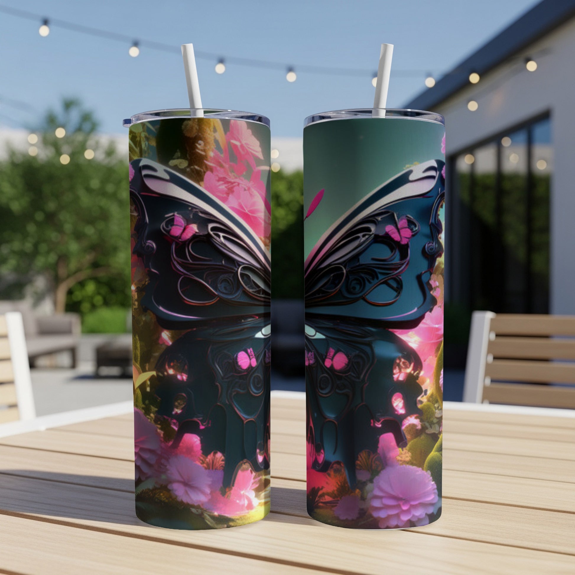 Two tumblers with a butterfly and floral design on a patio table.