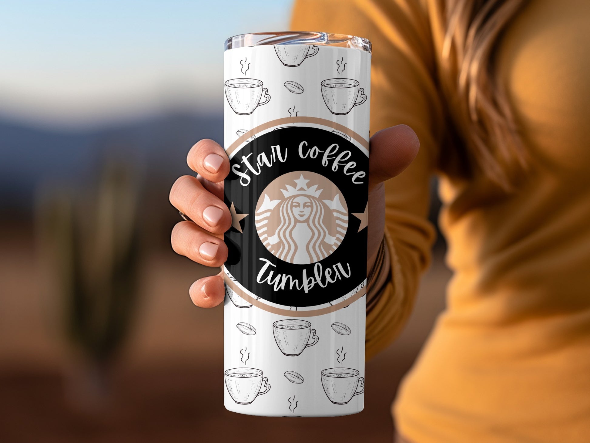 Star Coffee Tumbler with Cup Pattern Design