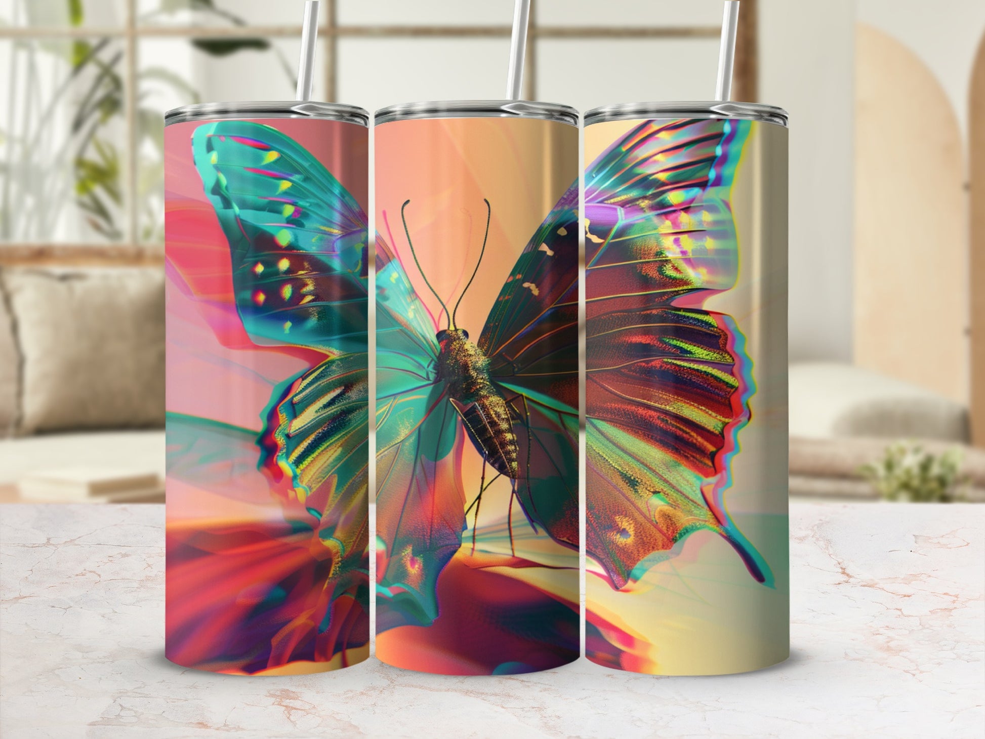 Three iridescent butterfly tumblers with colorful, abstract backgrounds.