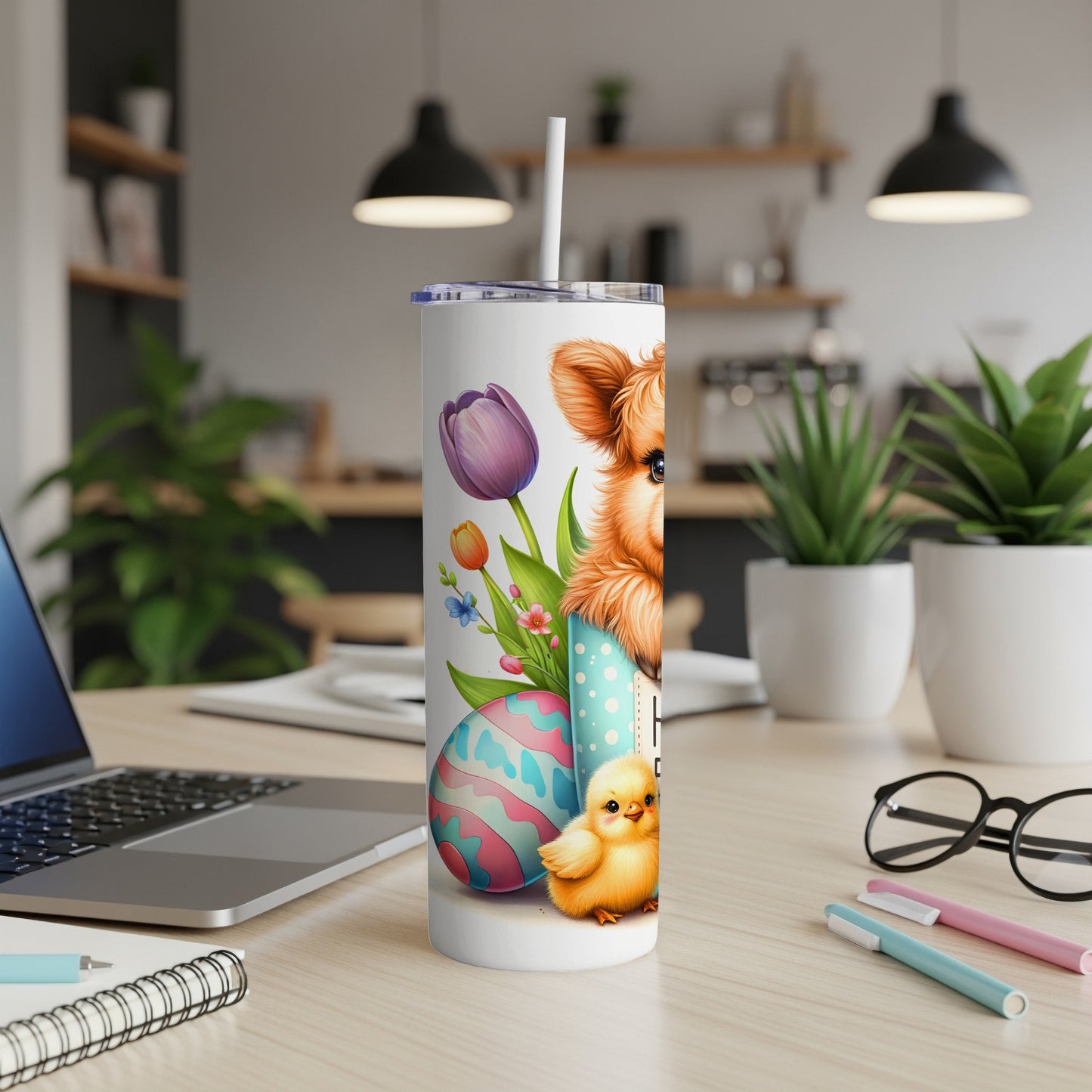 White tumbler with cute dog, chick, and Easter eggs design.