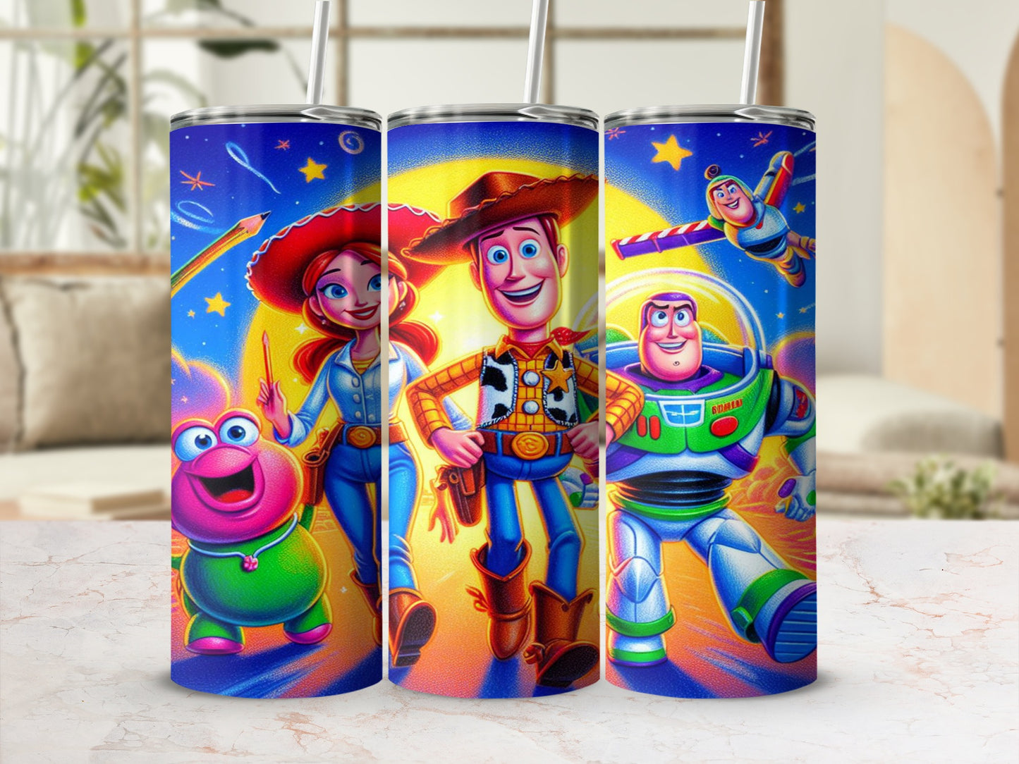 Toy Story characters Woody, Buzz Lightyear, Jessie, and Bo Peep on a cylindrical tumbler.
