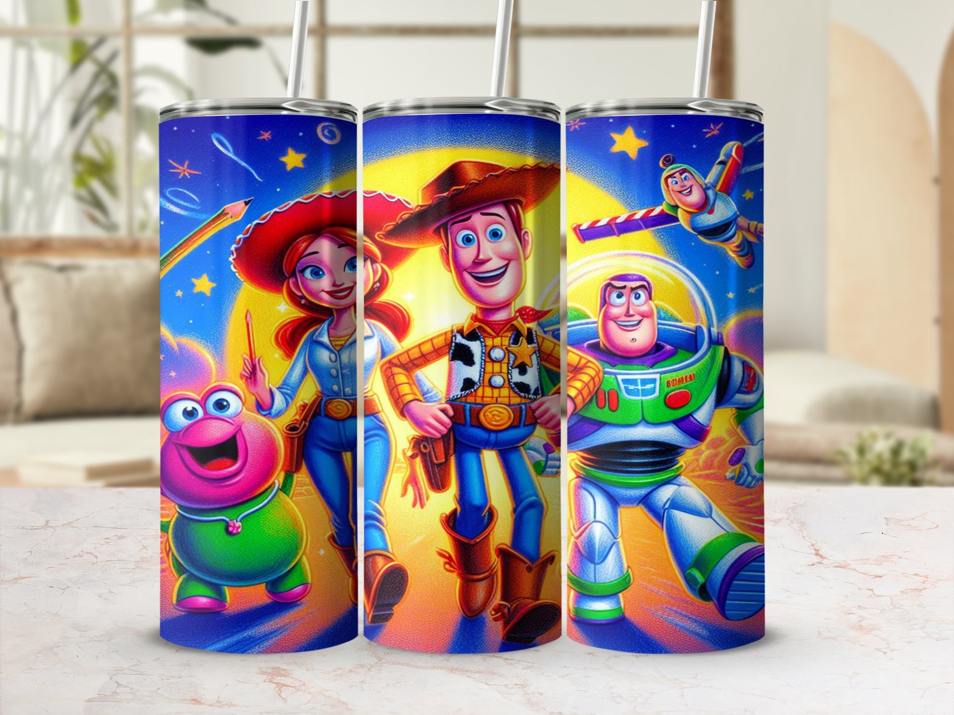 Toy Story characters Woody, Buzz Lightyear, Jessie, and Bo Peep on a cylindrical tumbler.