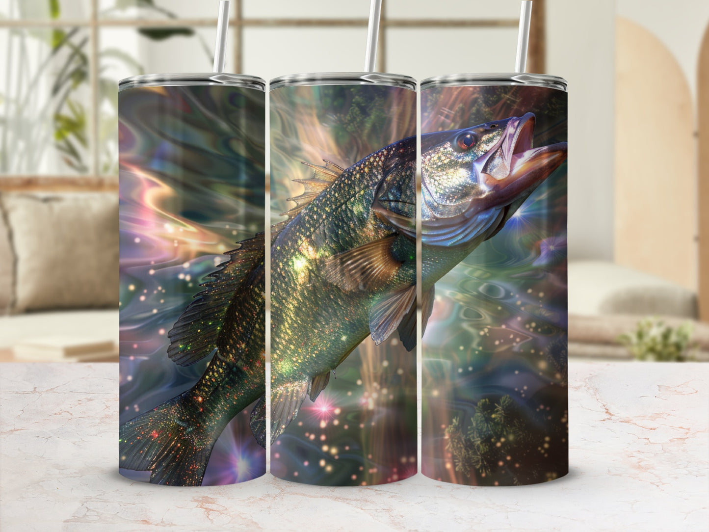 Tumbling fish artwork on three-panel tumbler against a blurred background.