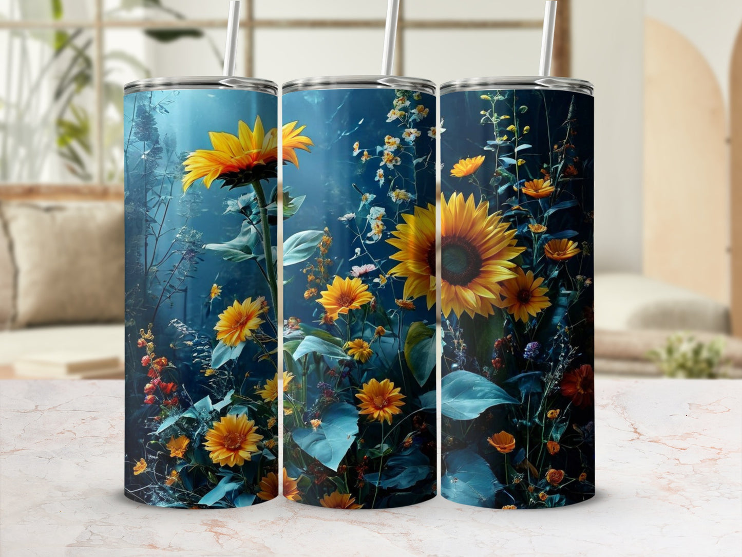 Three tumblers featuring a dark floral design with sunflowers and greenery.
