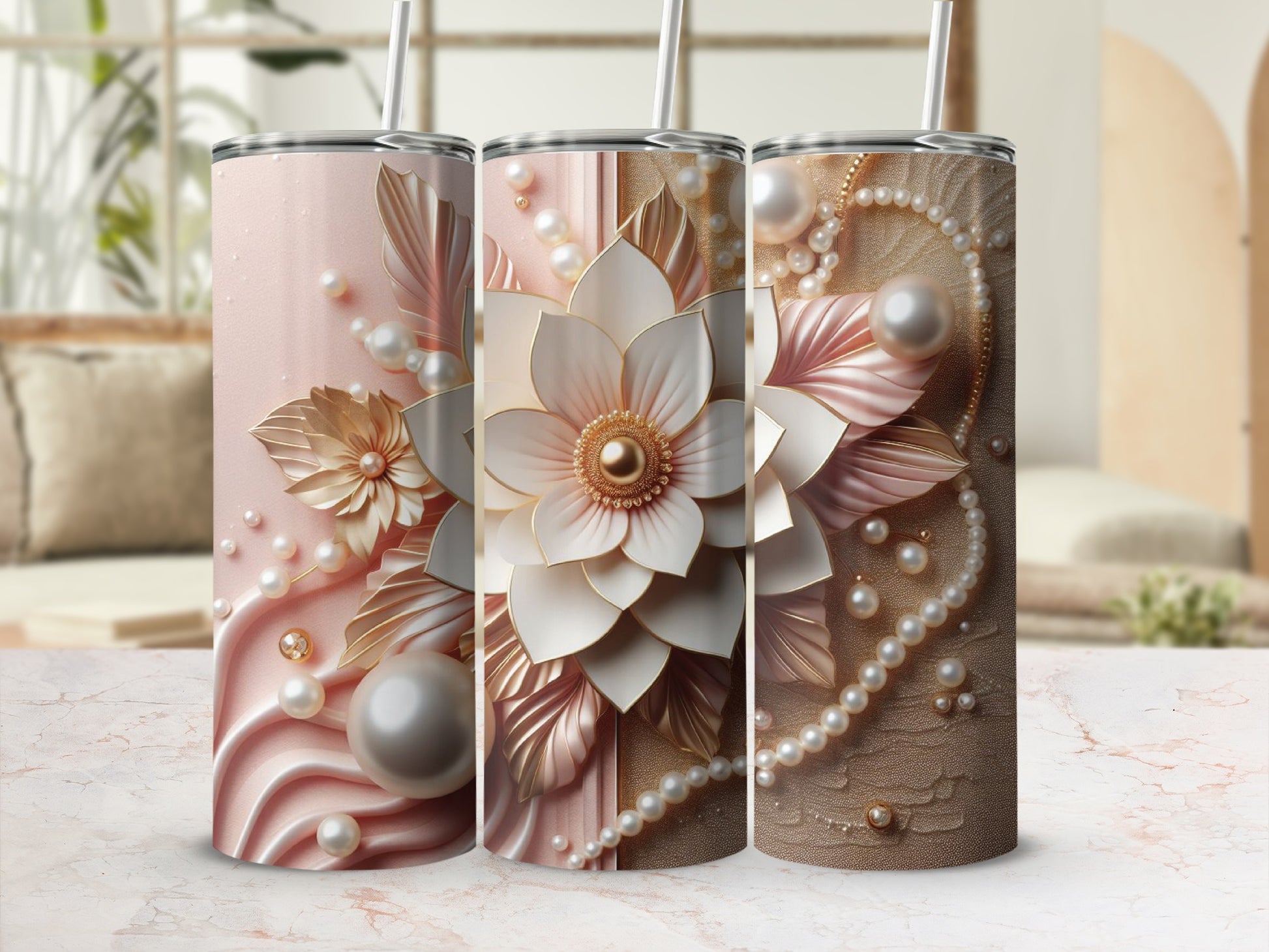 Three detailed tumblers featuring floral and pearl embellishments.