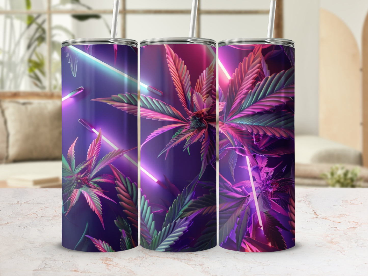Three tumblers with cannabis leaves and neon lights design.