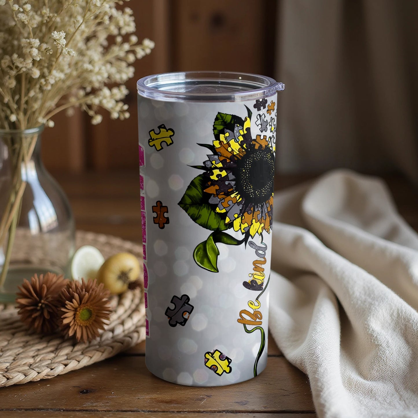 Sunflower Puzzle Design on Reusable Tumbler