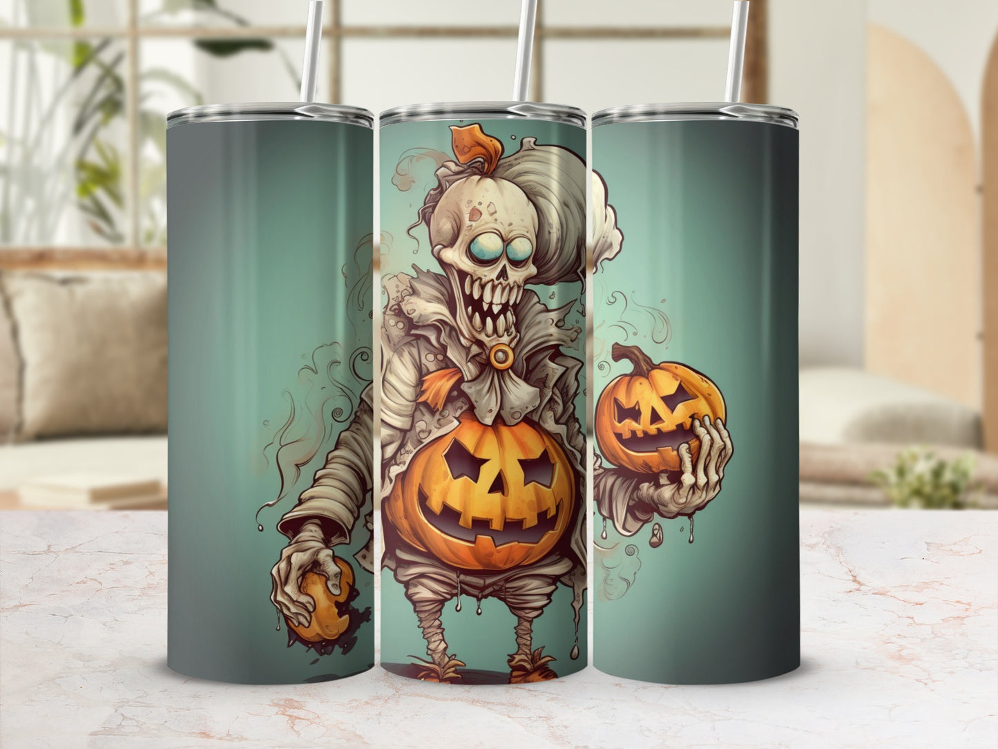 Spooky Pumpkin Skeleton Halloween Artwork Tumbler