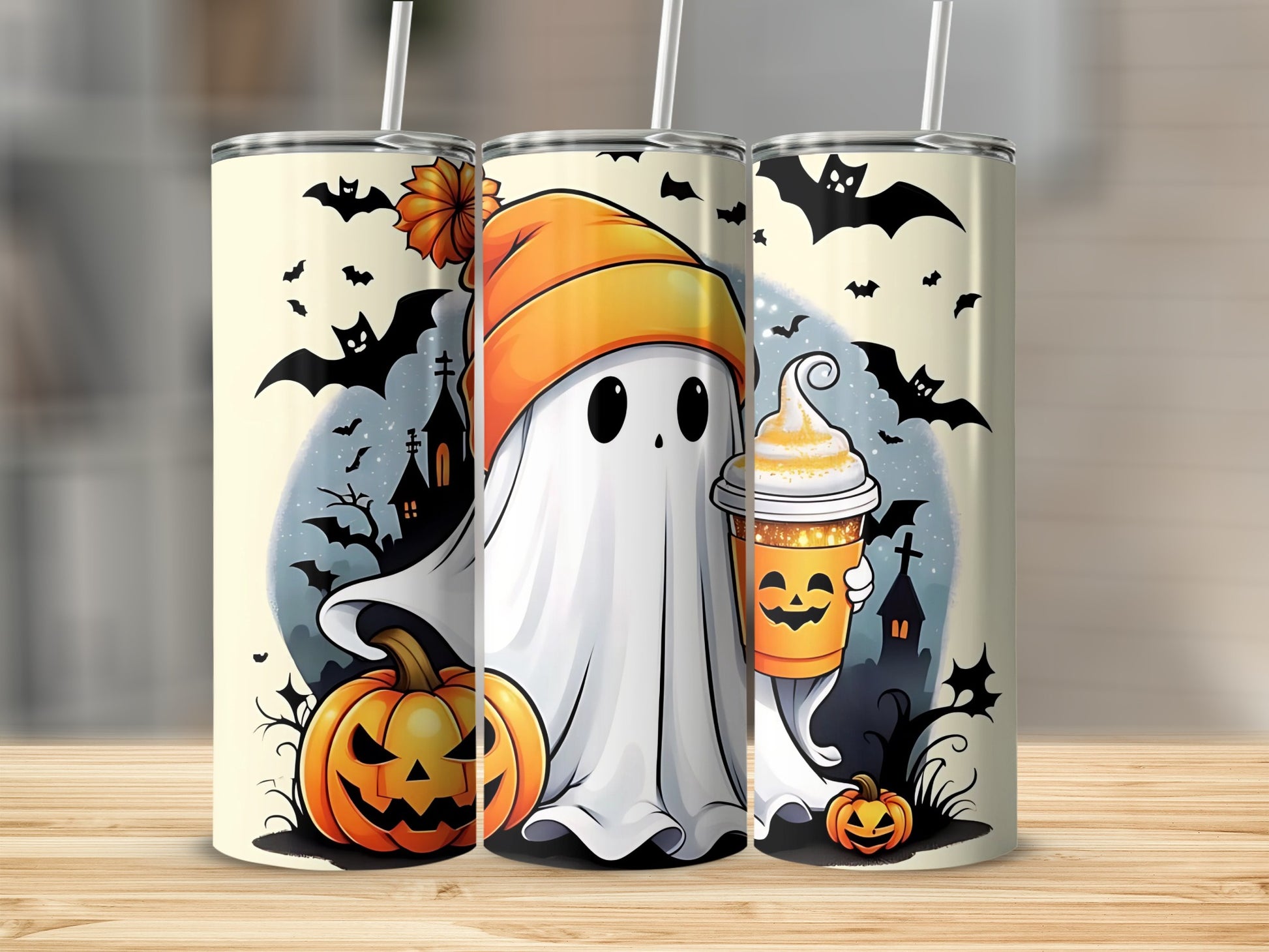 Cute Ghost Halloween Tumbler with Pumpkin and Bats Design