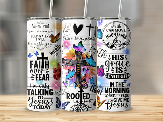Tumblers with Christian sayings and colorful butterflies, Peace. love. jesus.