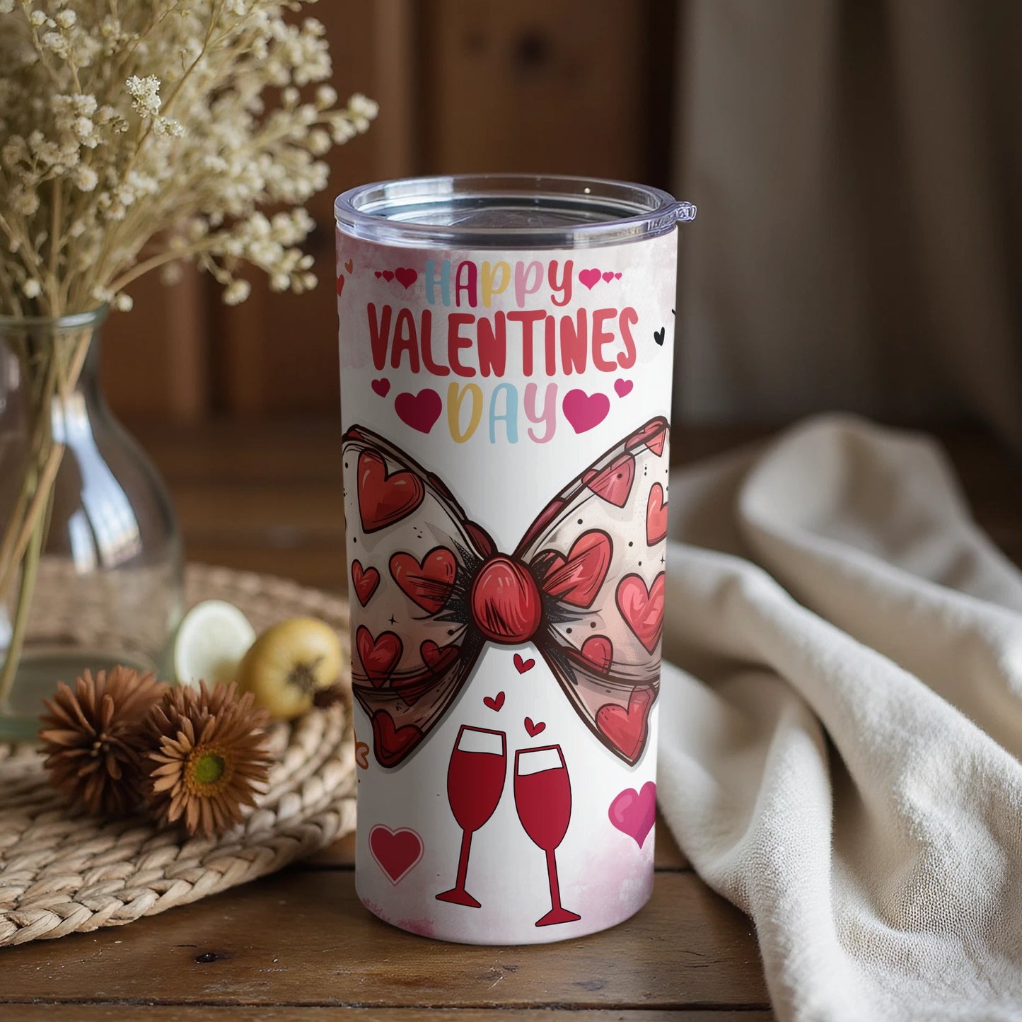 Happy Valentines Day Bow and Hearts Design Tumbler