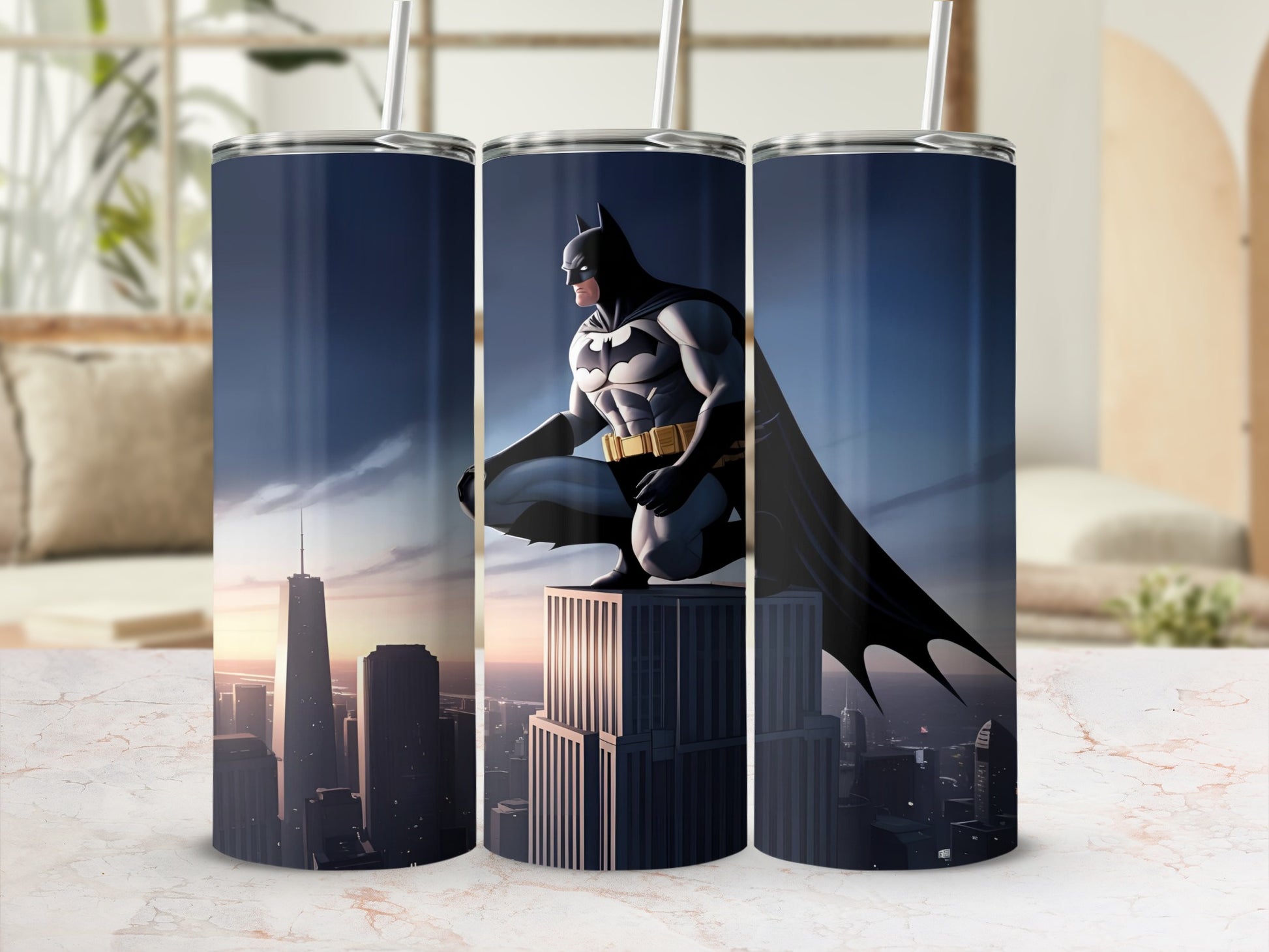 Batman crouching on a skyscraper rooftop overlooking a city skyline.
