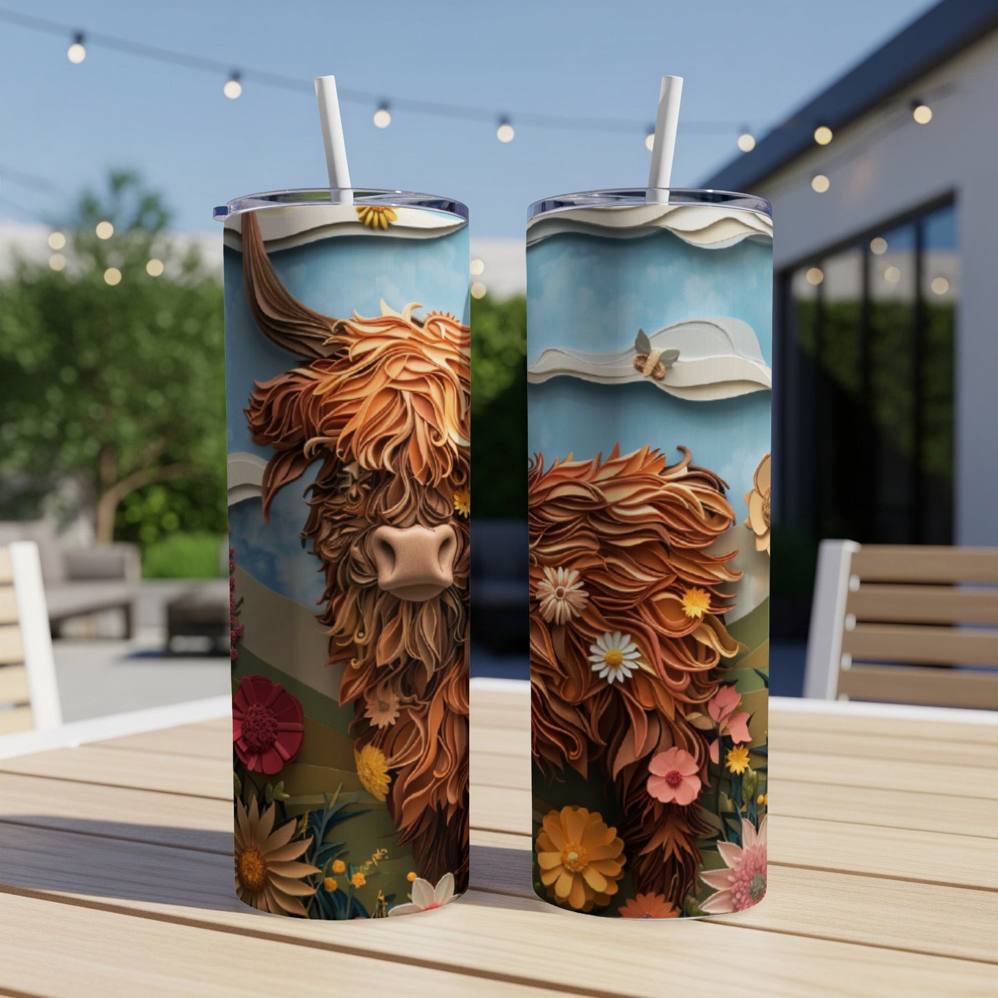 Highland cow with flowers on a colorful, textured background on two tumblers.