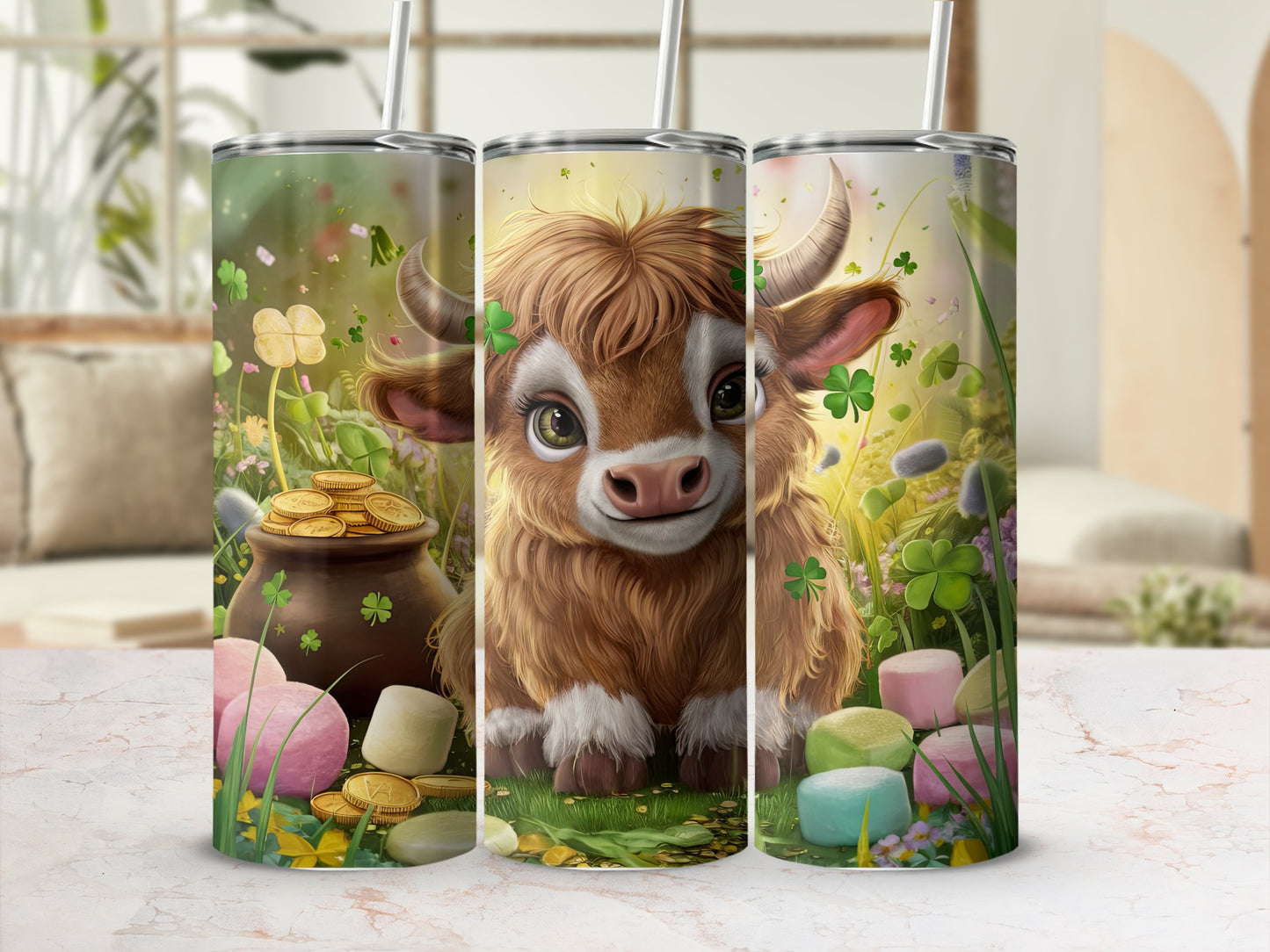 Cartoon highland calf with pot of gold and shamrocks on a tumbler.