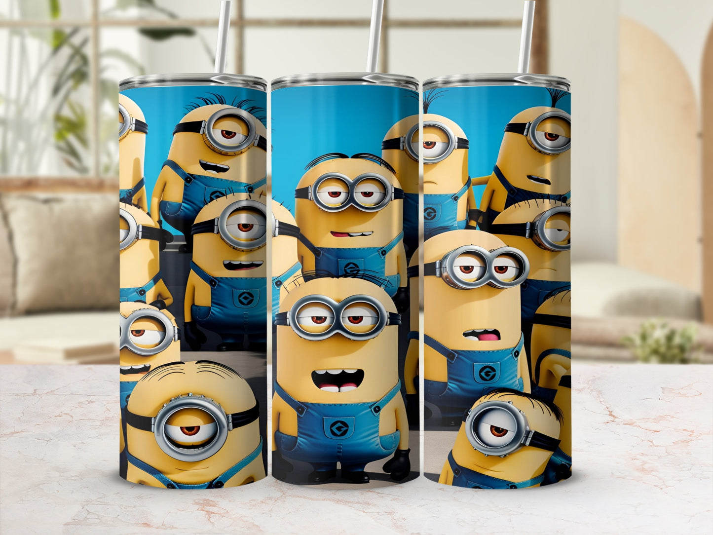 Minions in blue overalls with goggles on a cylindrical cup with a blue sky background.