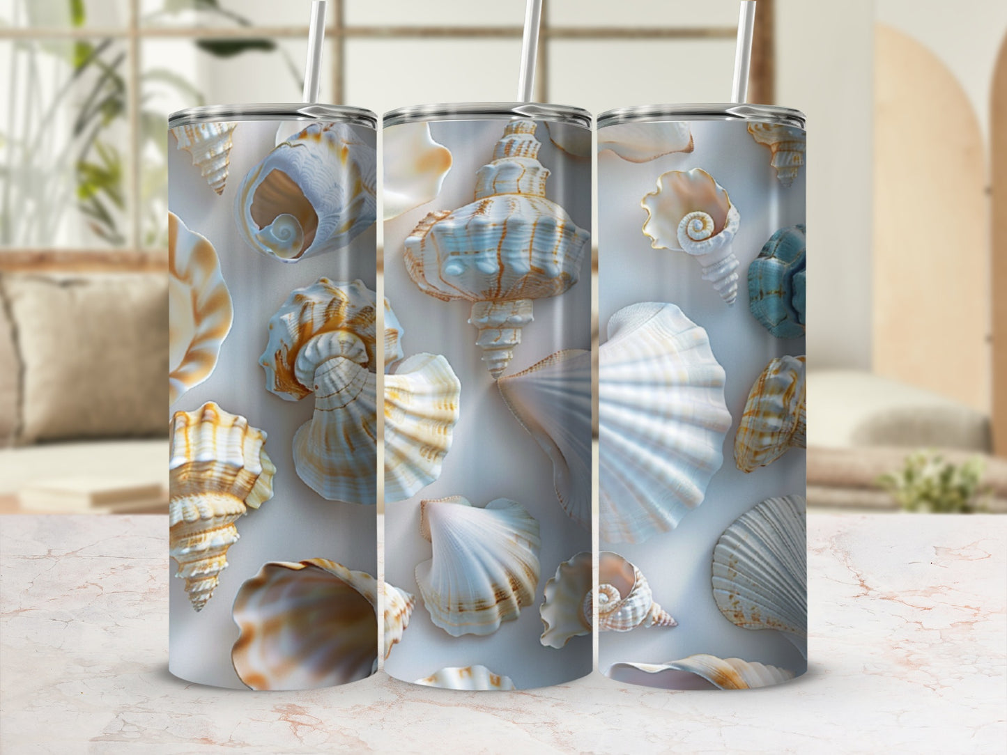 Three tumblers featuring a collage of various seashells in neutral tones.
