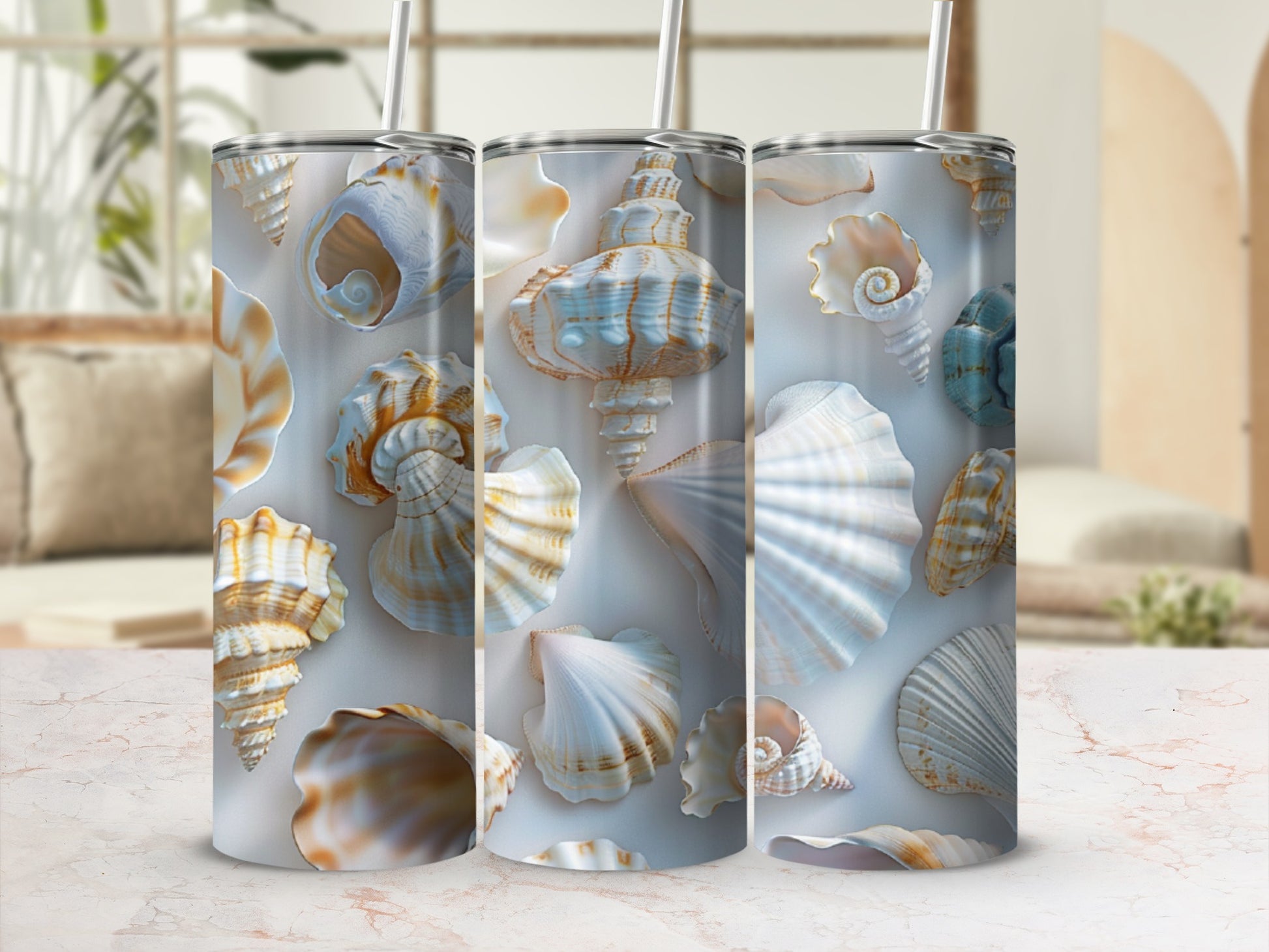Three tumblers featuring a collage of various seashells in neutral tones.