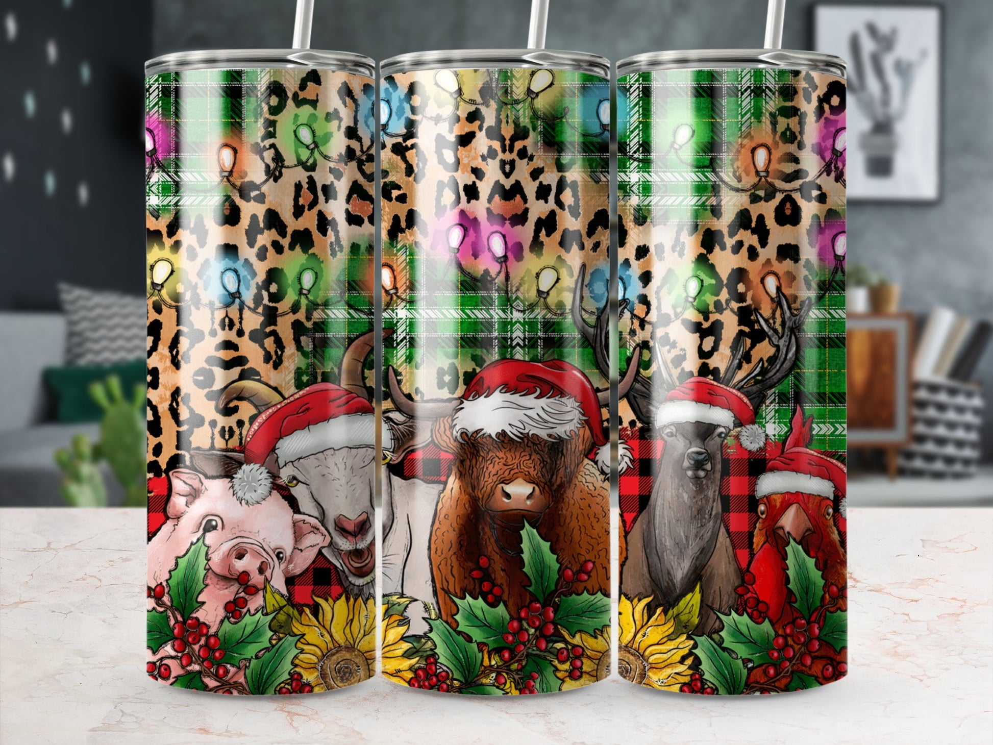 Christmas Highland cow, pig, and deer with Santa hats and plaid design.