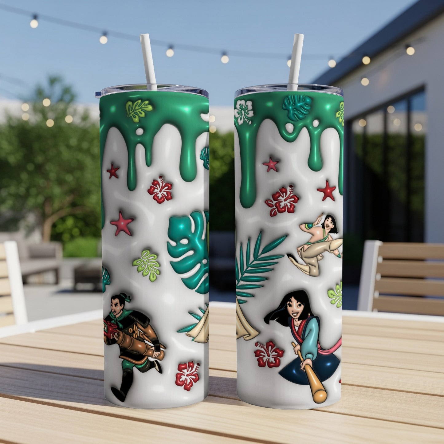 Mulan characters and floral motifs on a white insulated tumbler.