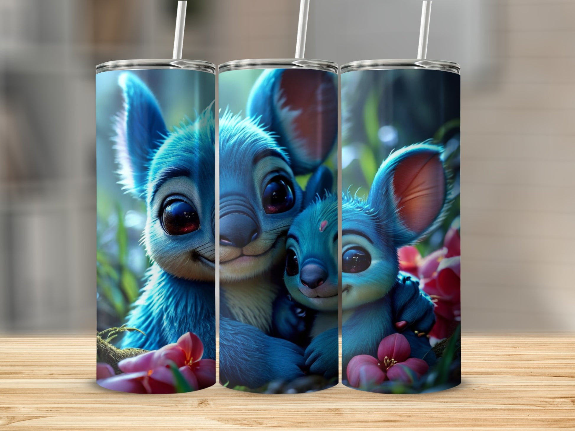 Two Stitch characters embracing with flowers in a blurry background.