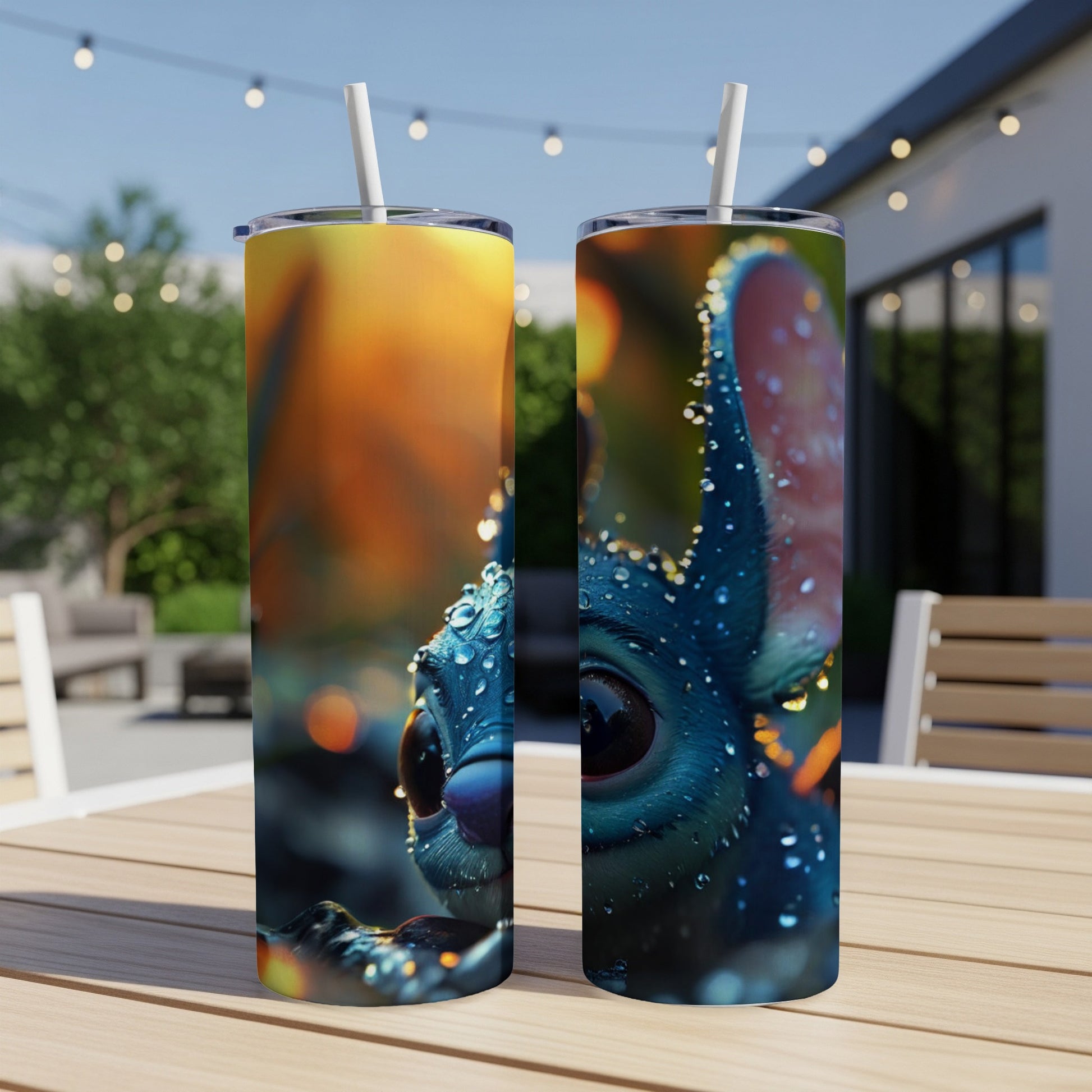 Two Stitch character tumblers with water droplets, outdoors.
