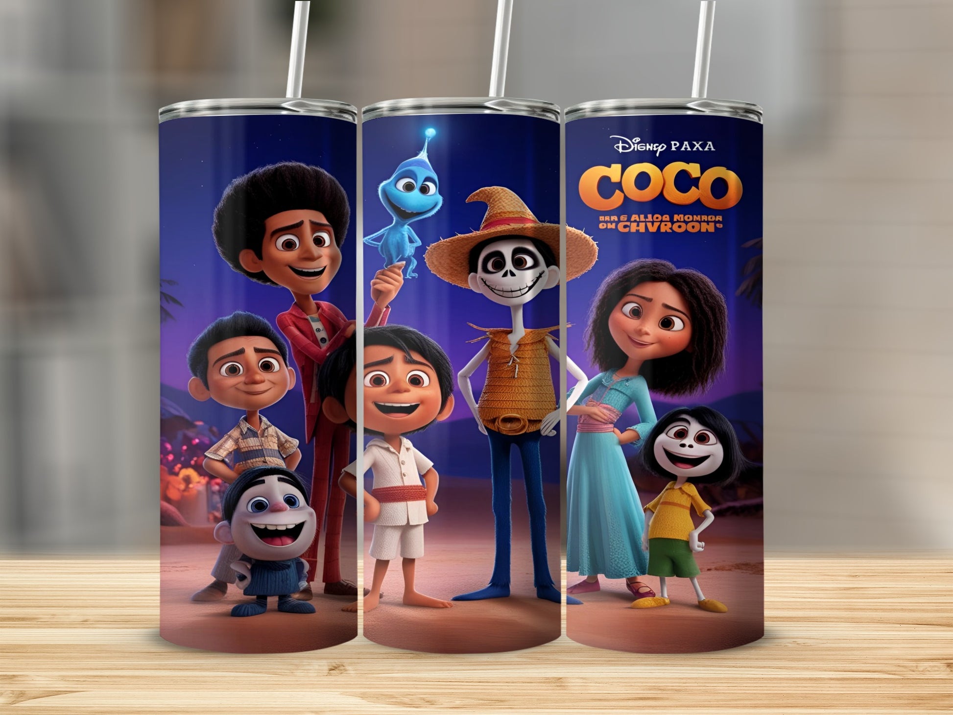 Disney Coco characters Miguel, Hector, and Imelda on a tumbler.