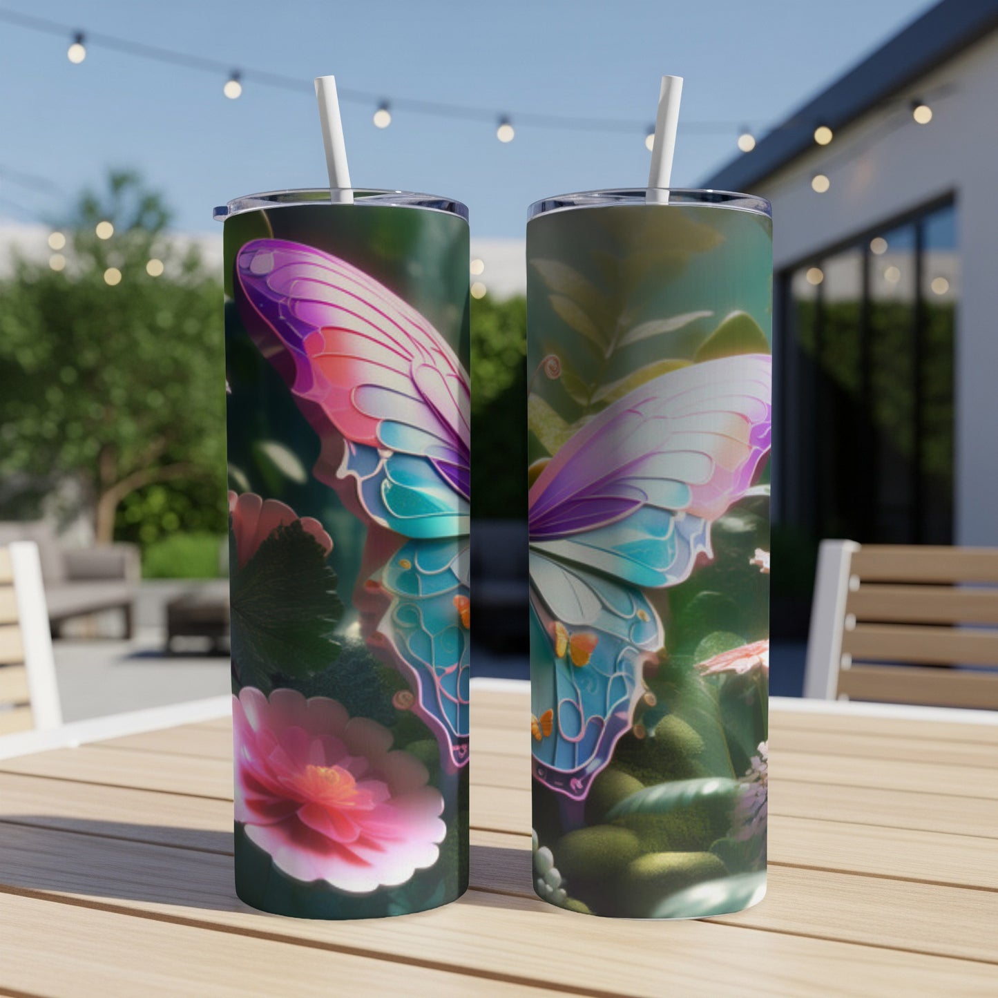 Two tall tumblers featuring colorful butterfly and floral designs.