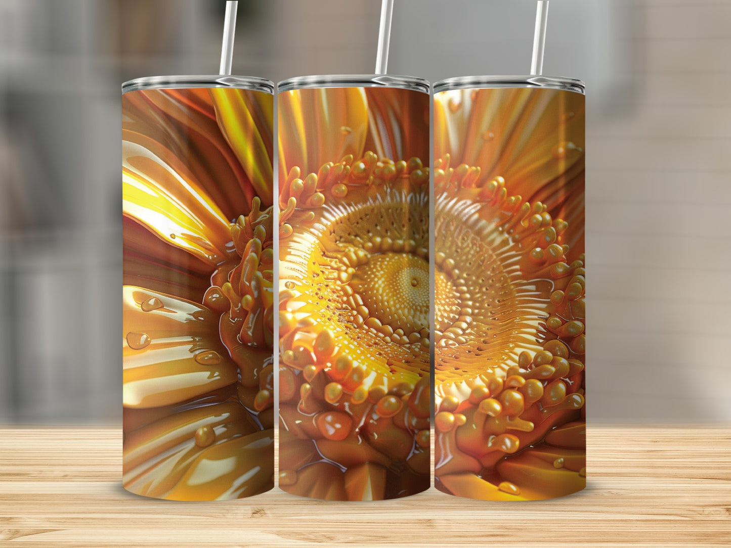 Three tumblers featuring a close-up, detailed image of a bright orange gerbera daisy.