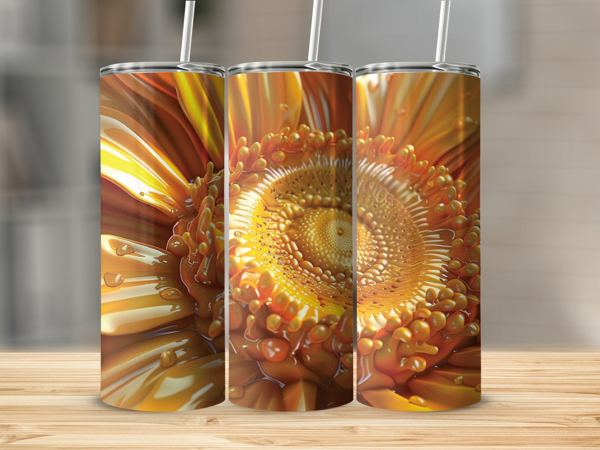 Three tumblers featuring a close-up, detailed image of a bright orange gerbera daisy.