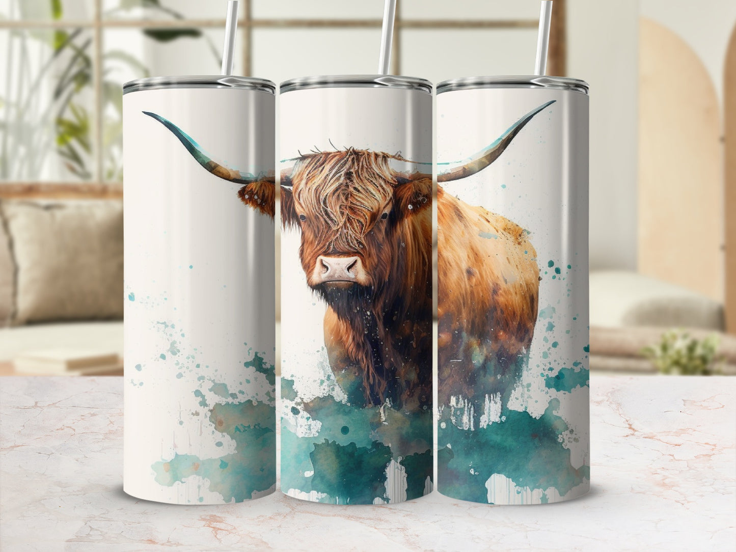 Highland cow portrait on white tumbler with teal watercolor splashes.