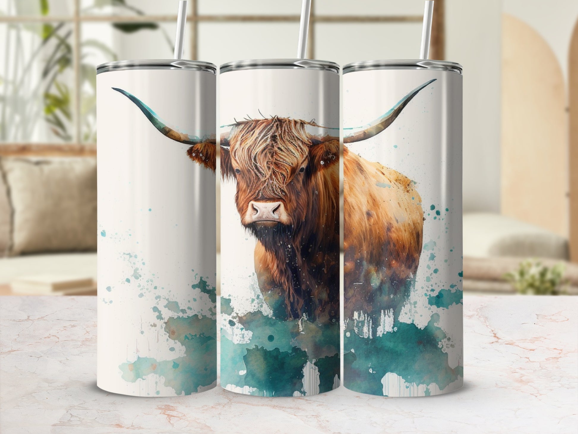 Highland cow portrait on white tumbler with teal watercolor splashes.