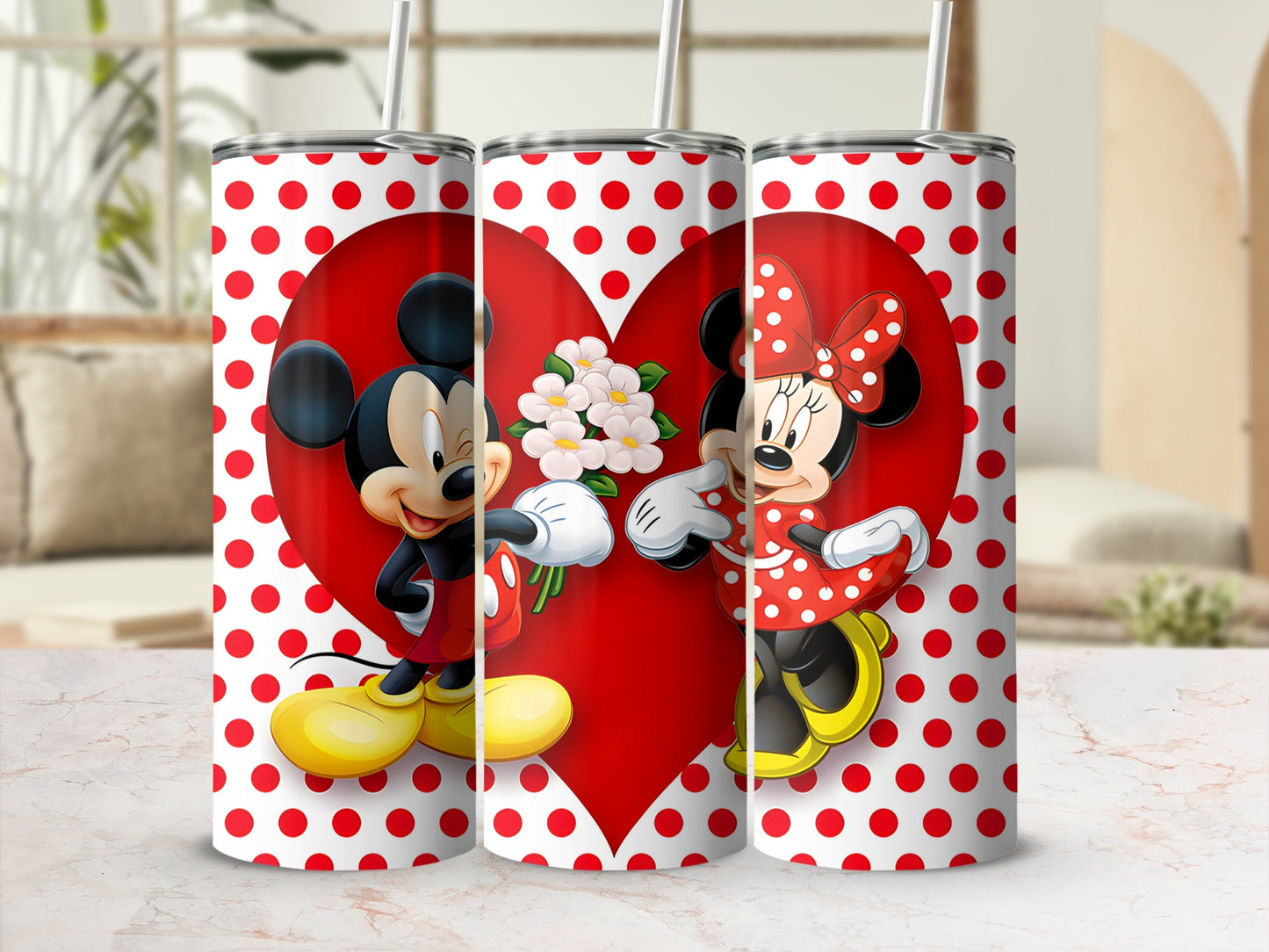 Mickey and Minnie Mouse on red heart with white polka dots.