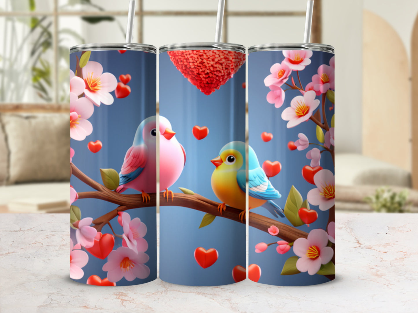 Two cartoon birds on a branch with hearts and cherry blossoms.