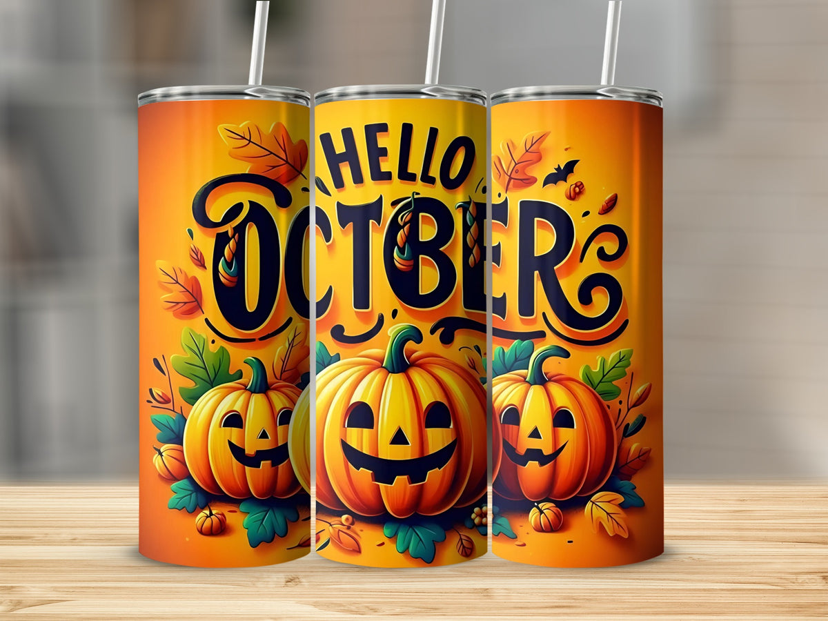 Three tumblers with "Hello October" text, pumpkins, and fall leaves.