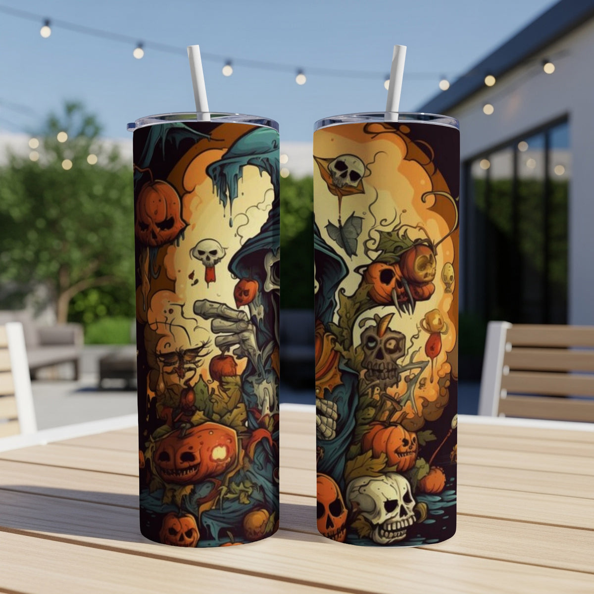 Two tumblers with a spooky Halloween design featuring skulls, pumpkins, and a grim reaper.