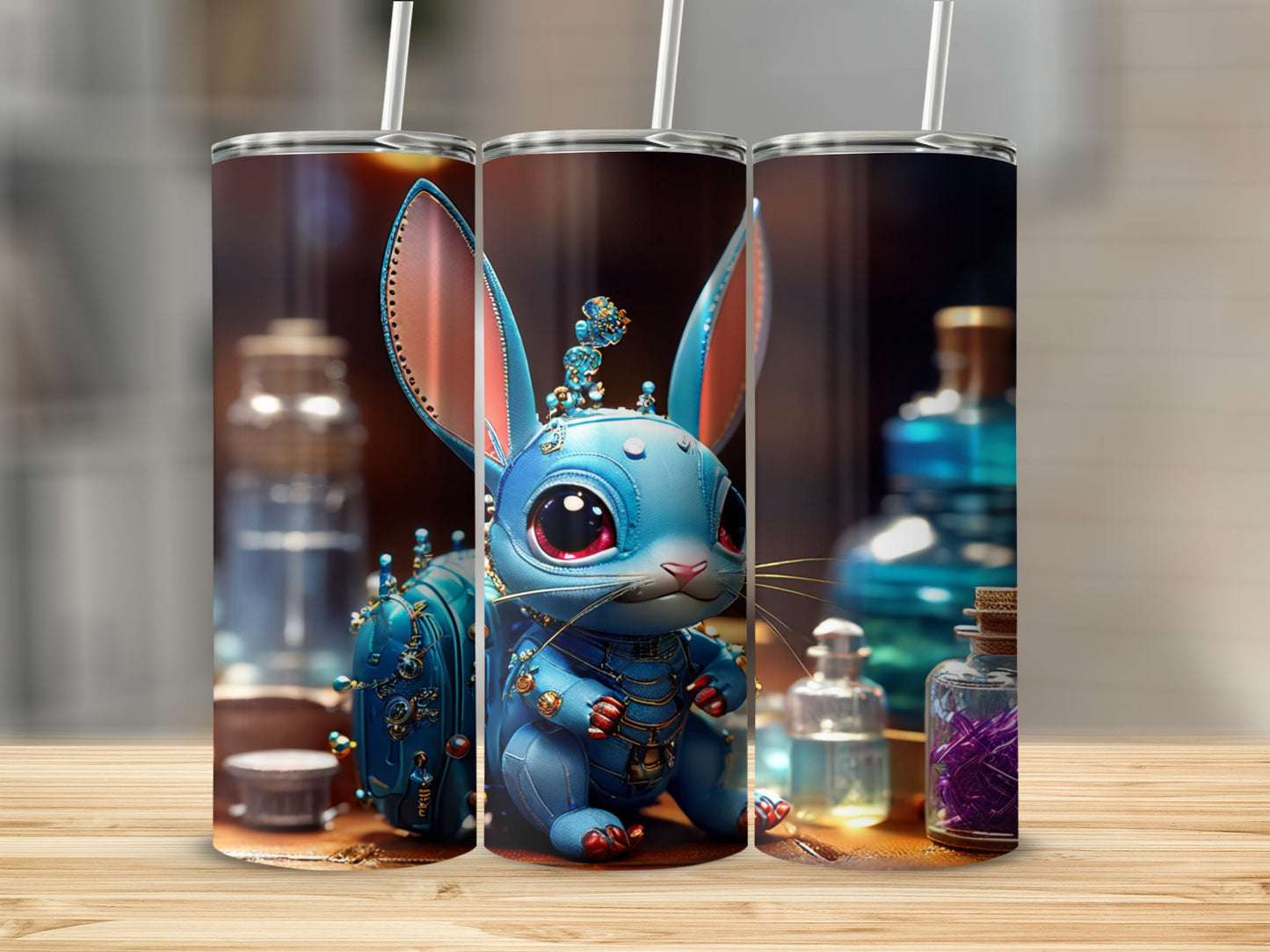 Steampunk blue rabbit creature with gears and potions in background.