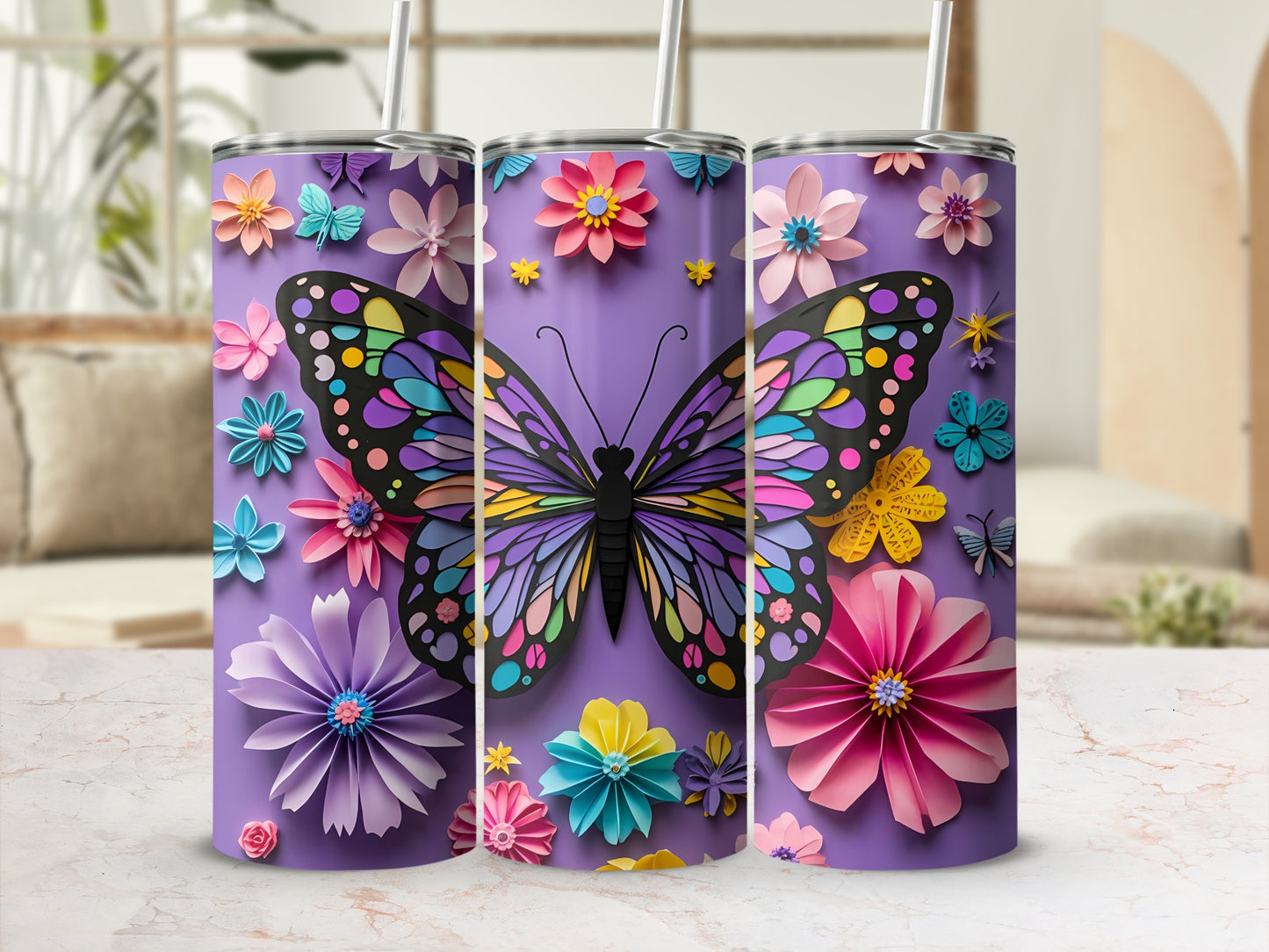 Purple tumbler with a large colorful butterfly and assorted paper flowers and butterflies.