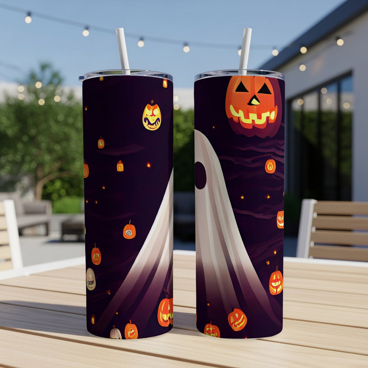 Two Halloween-themed tumblers with pumpkins and ghosts on a dark background.