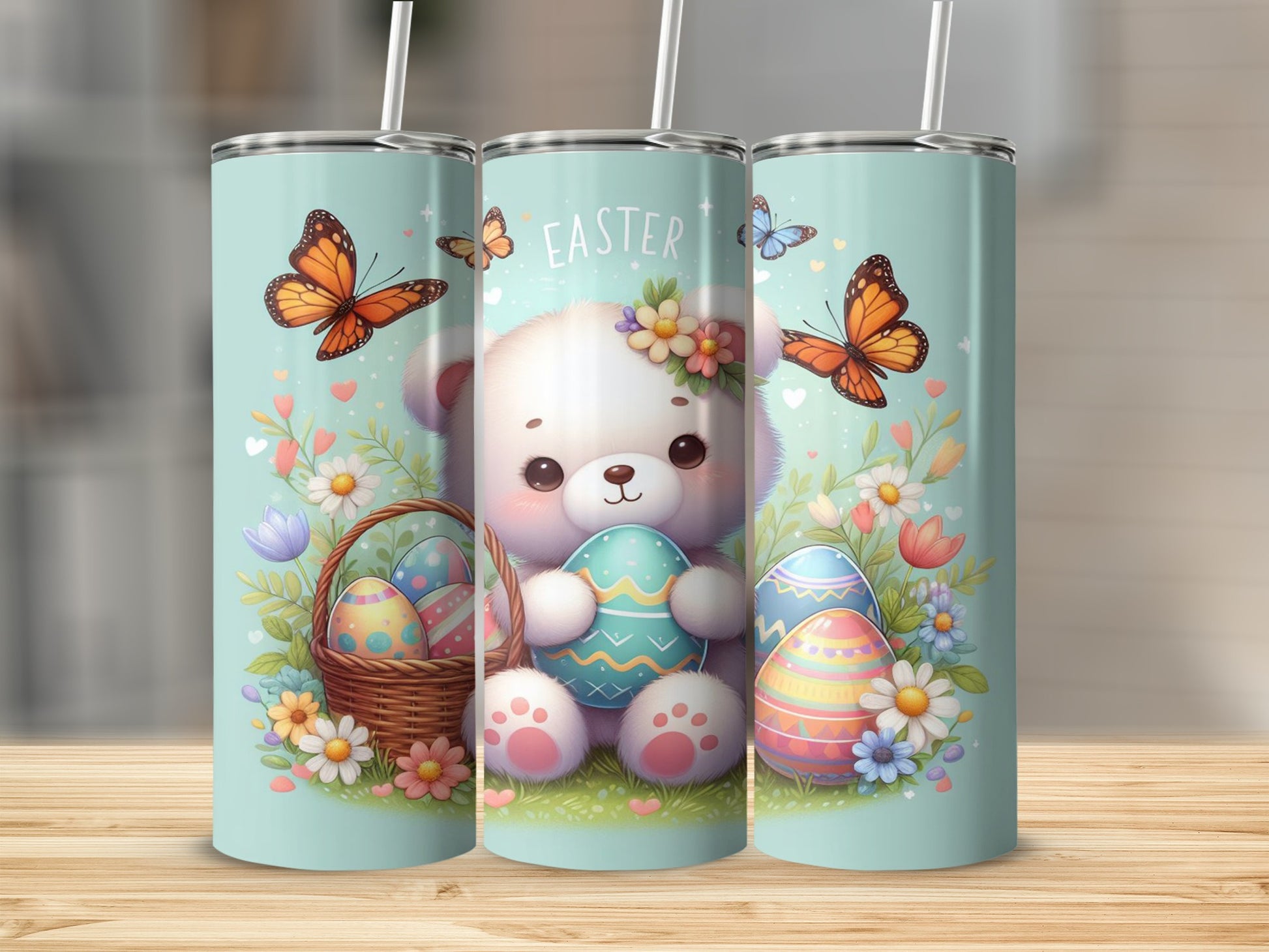 Teddy bear with Easter eggs and butterflies on a pastel background.