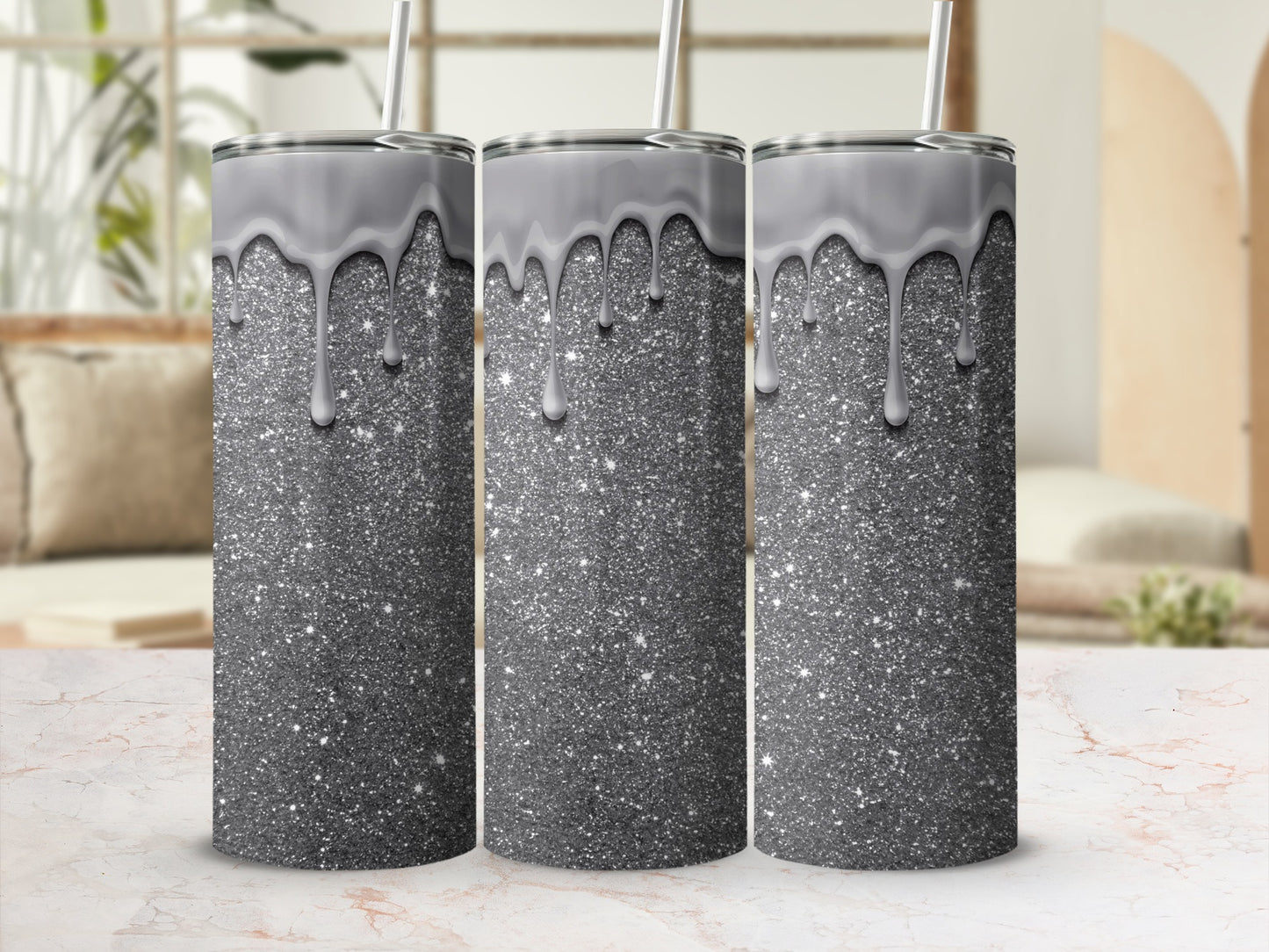 Shiny Glitter Tumbler with Dripping Silver Design