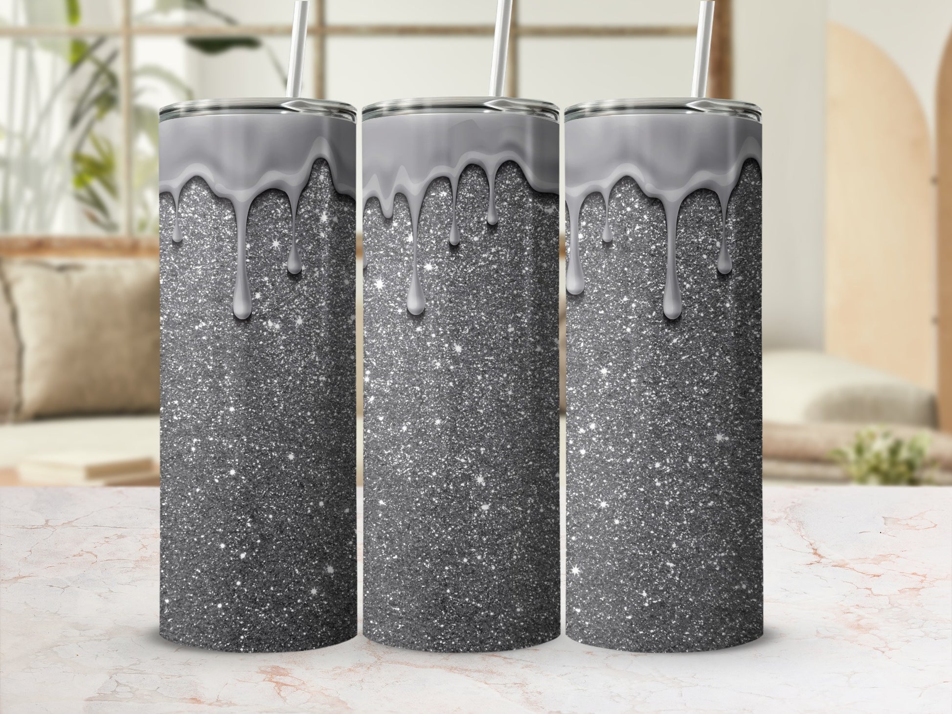 Shiny Glitter Tumbler with Dripping Silver Design