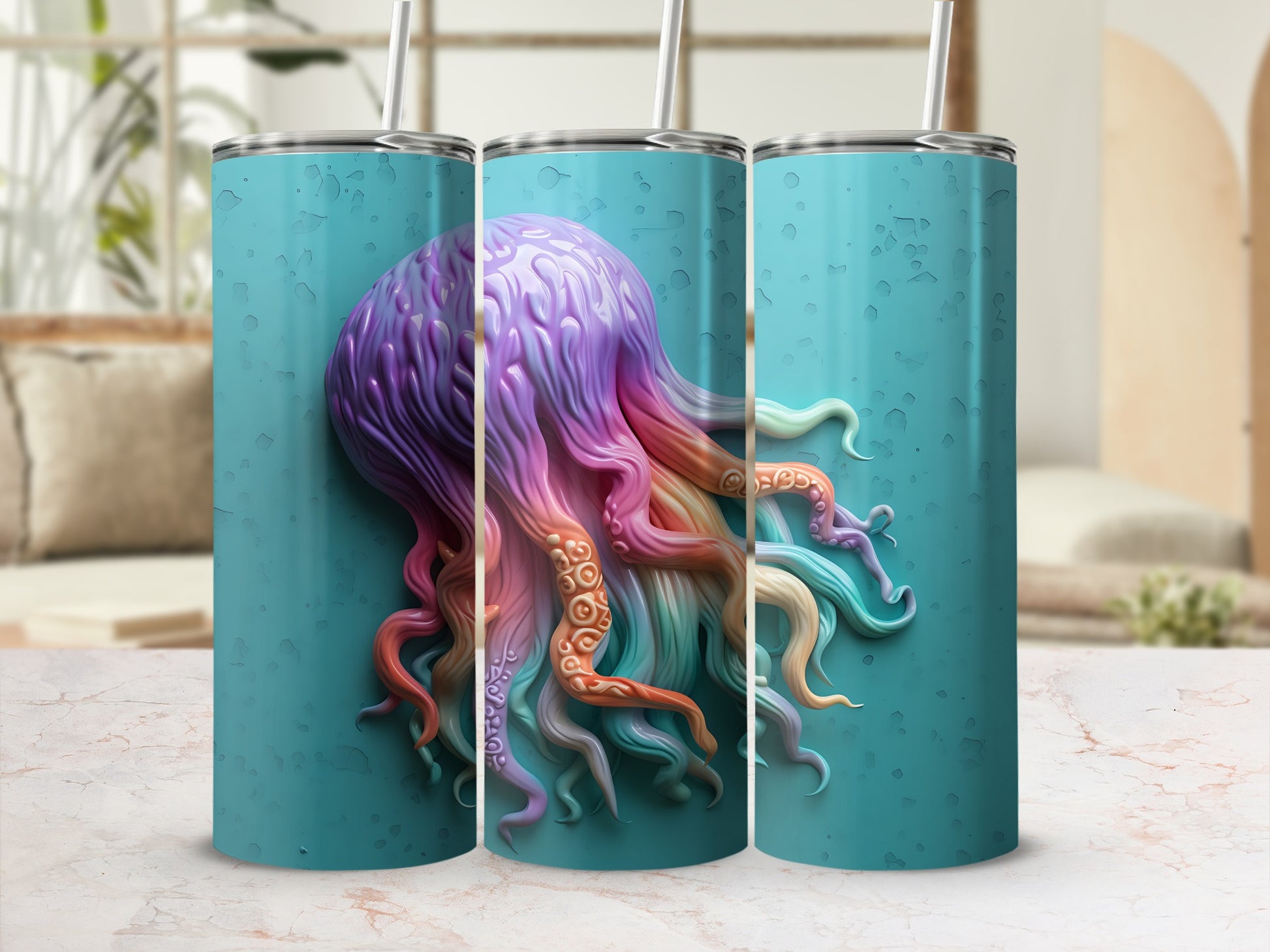 Three tumblers featuring a colorful, detailed octopus design against a teal background.